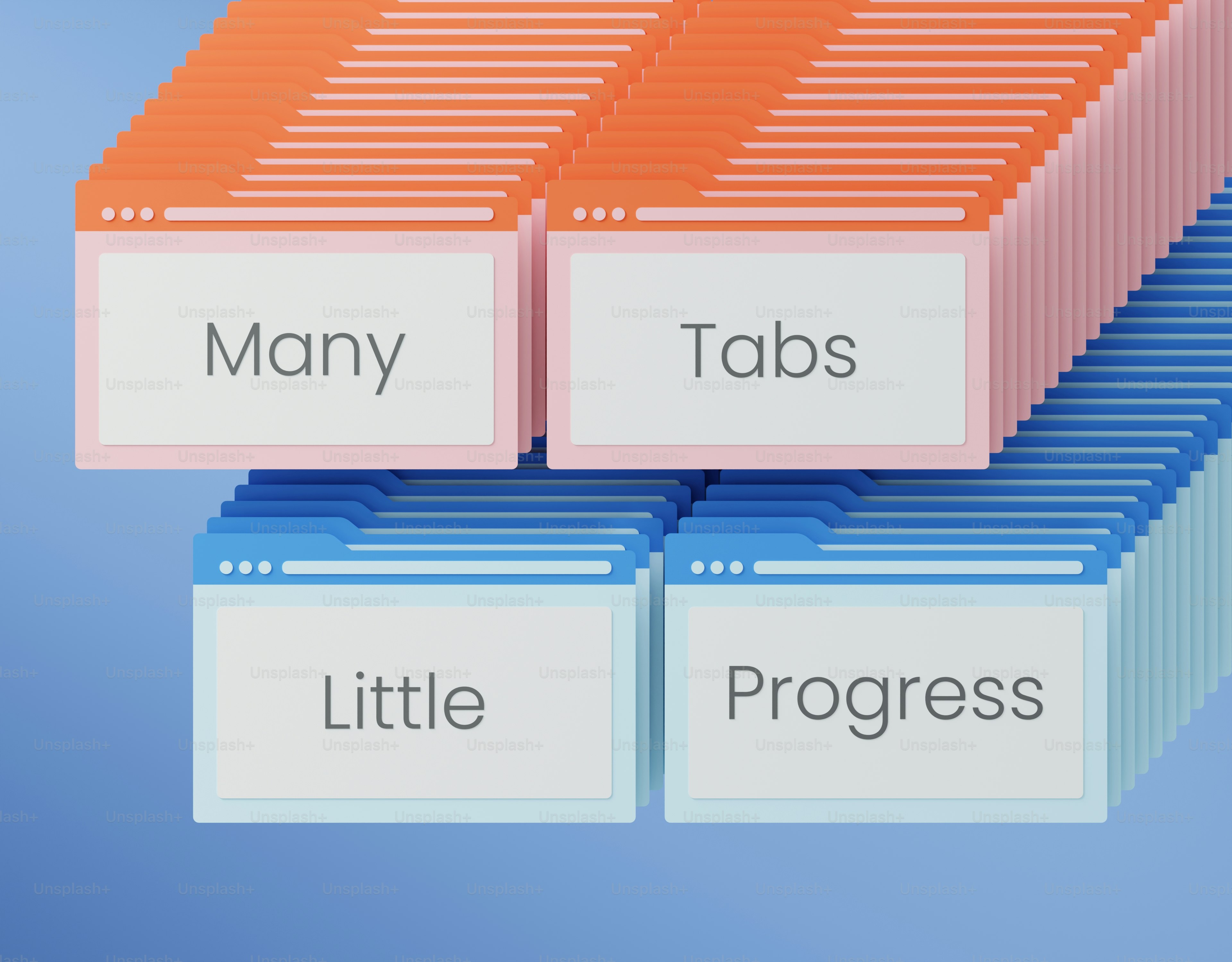 Stacks of orange and blue browser windows with text on a blue background