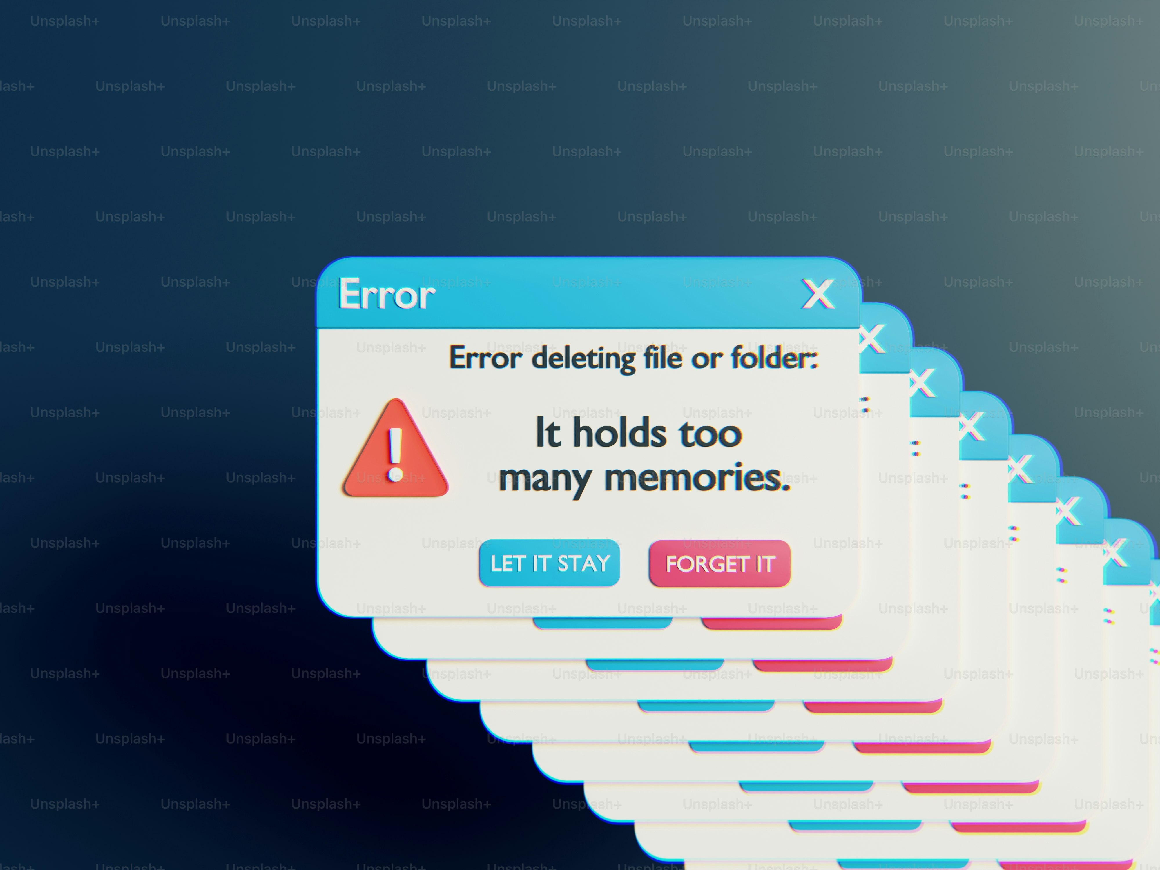 A cascading stack of computer error windows with text about deleting memories