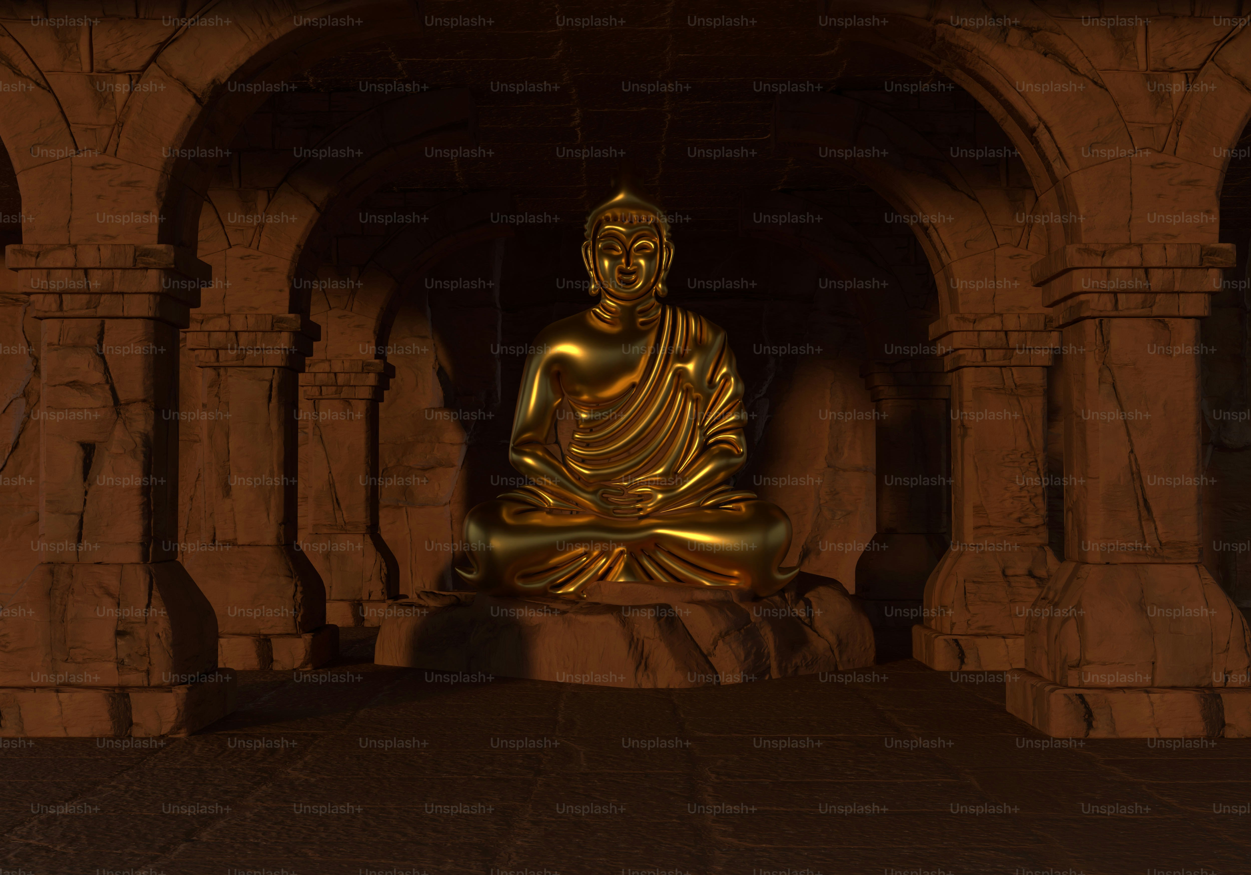 A golden Buddha statue in a meditative pose inside a dark stone temple