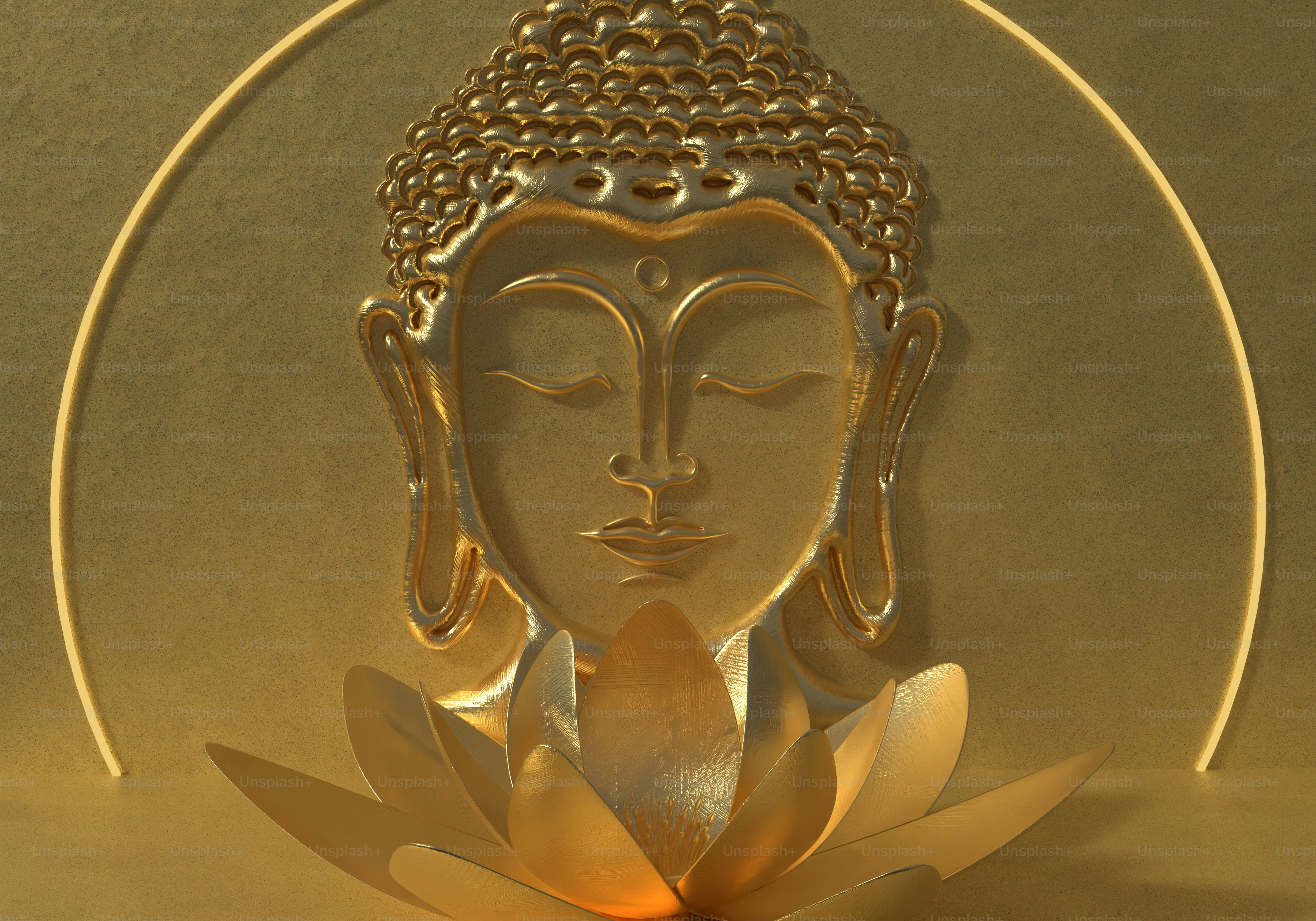 A golden relief of a Buddha face behind a metallic lotus flower