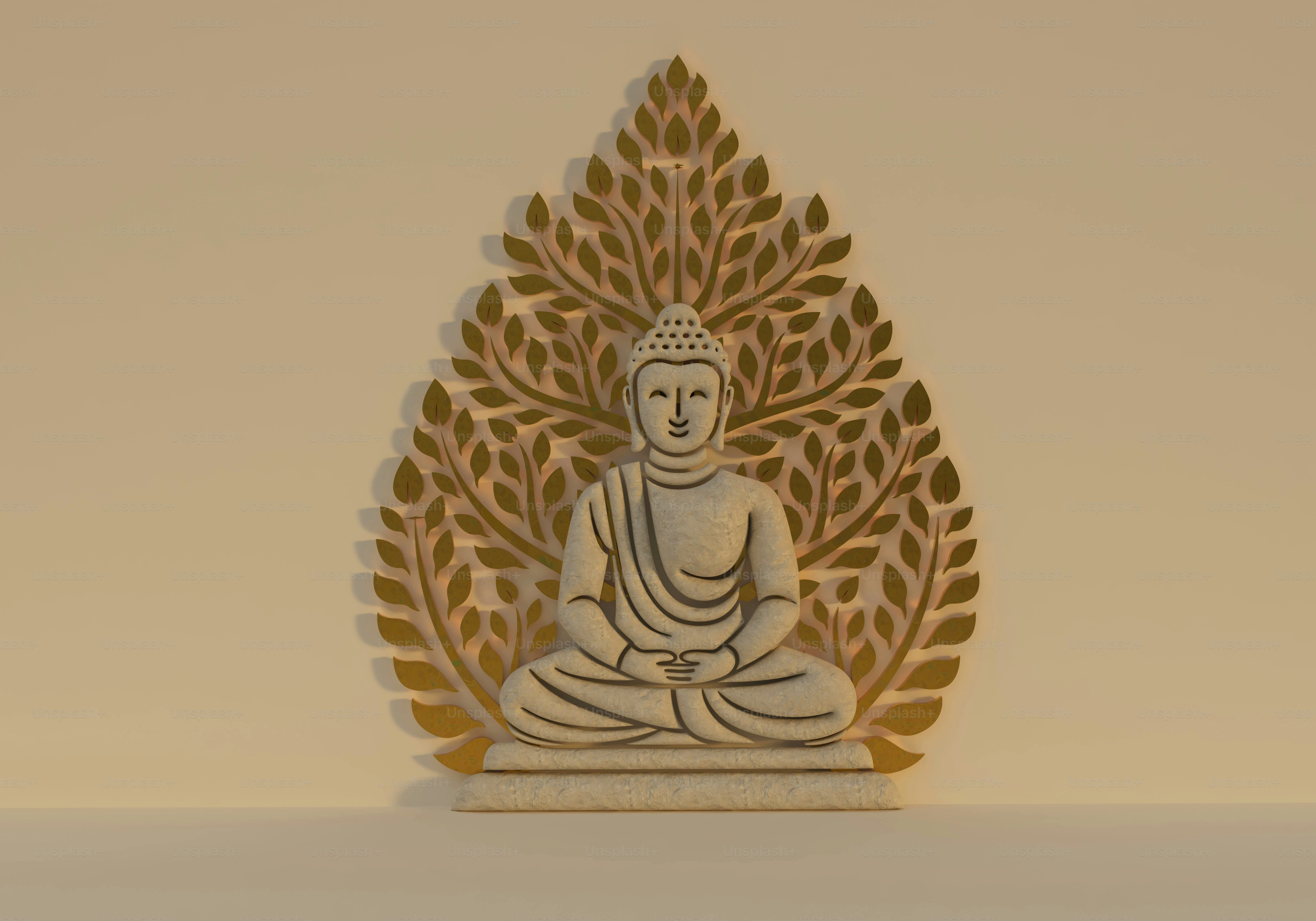 A stone Buddha statue in a meditative pose before a golden leaf backdrop