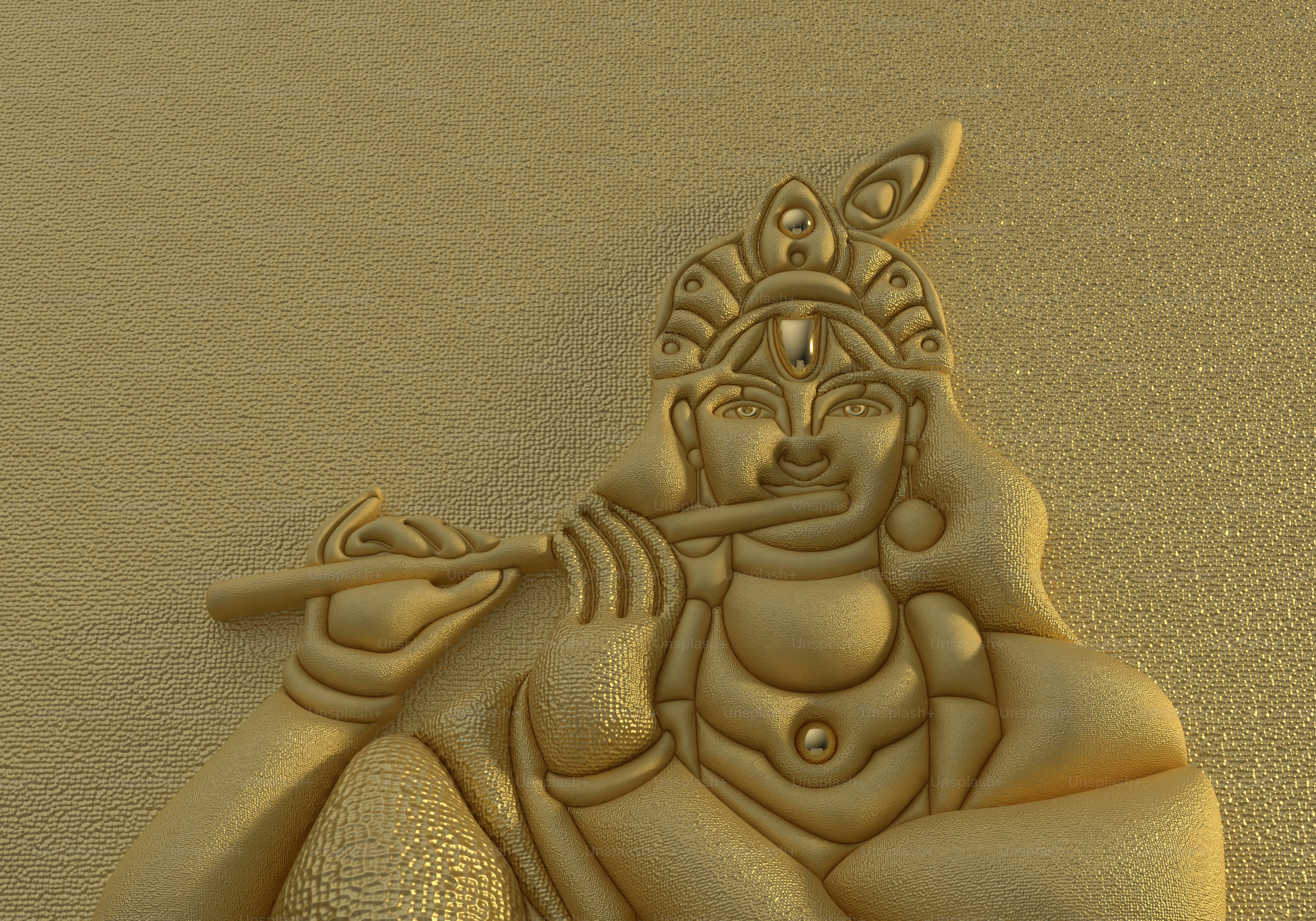 A golden relief of Krishna playing a flute against a textured background
