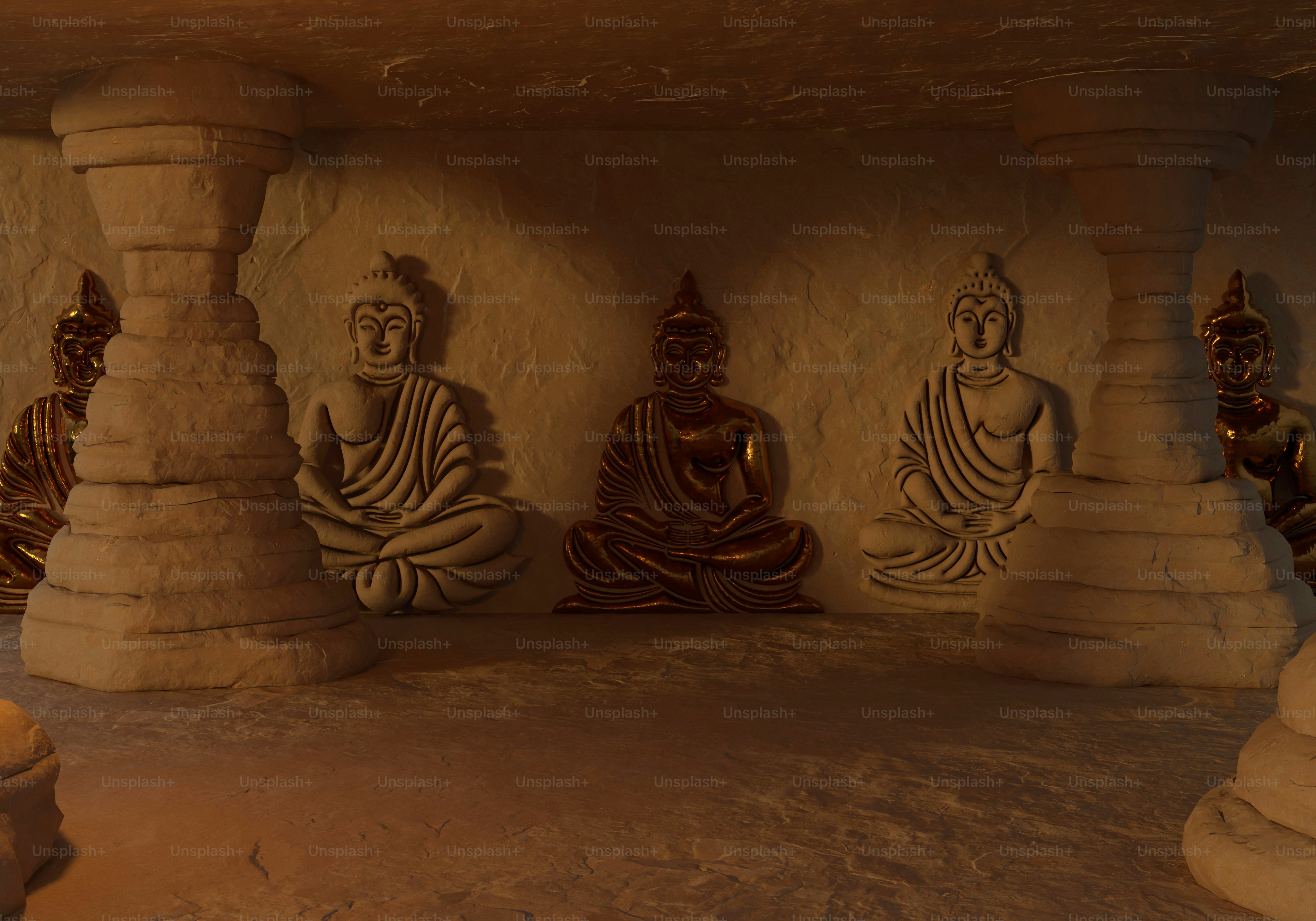 Five golden Buddha statues carved into a stone wall between two large pillars
