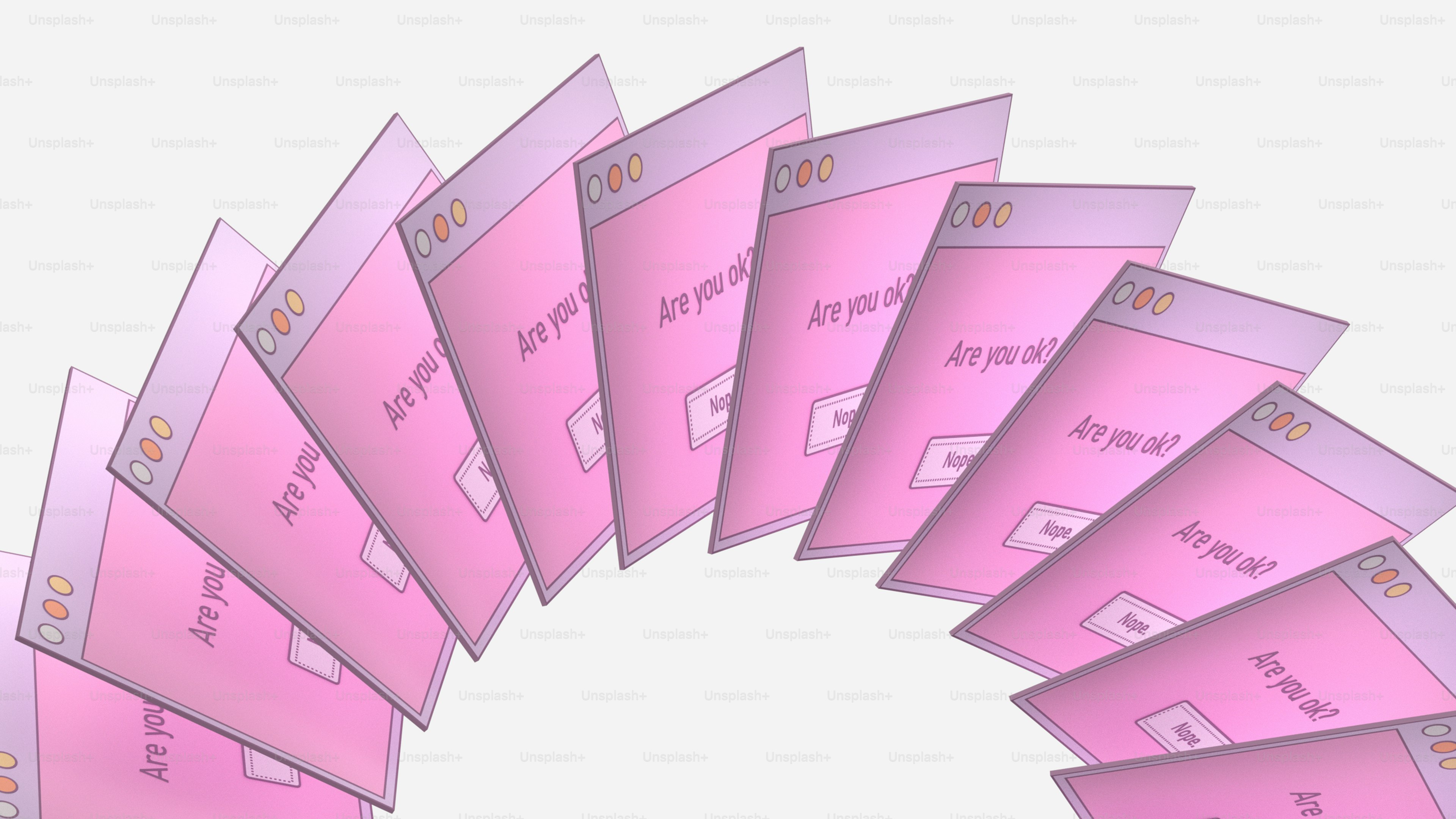 Eine Reihe von rosa Computerfenstern, die in einem Bogen angeordnet sind, mit der Aufschrift: Geht es dir gut