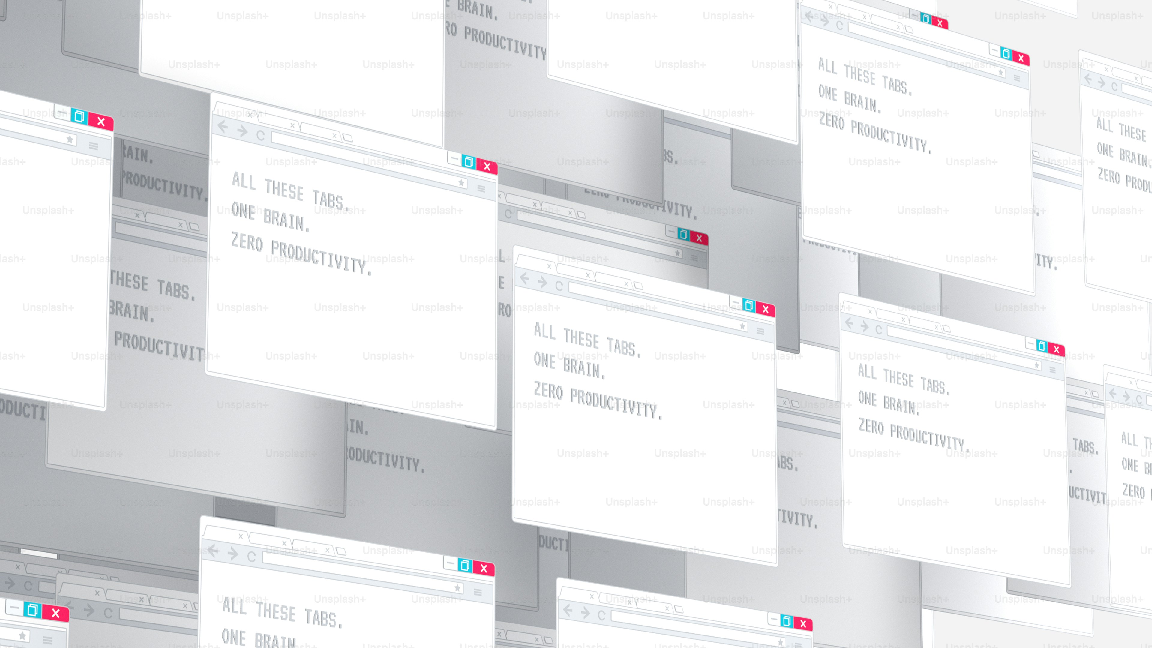 Mehrere Browserfenster schweben in einem Raster mit Text, der etwa nullproduktiv ist