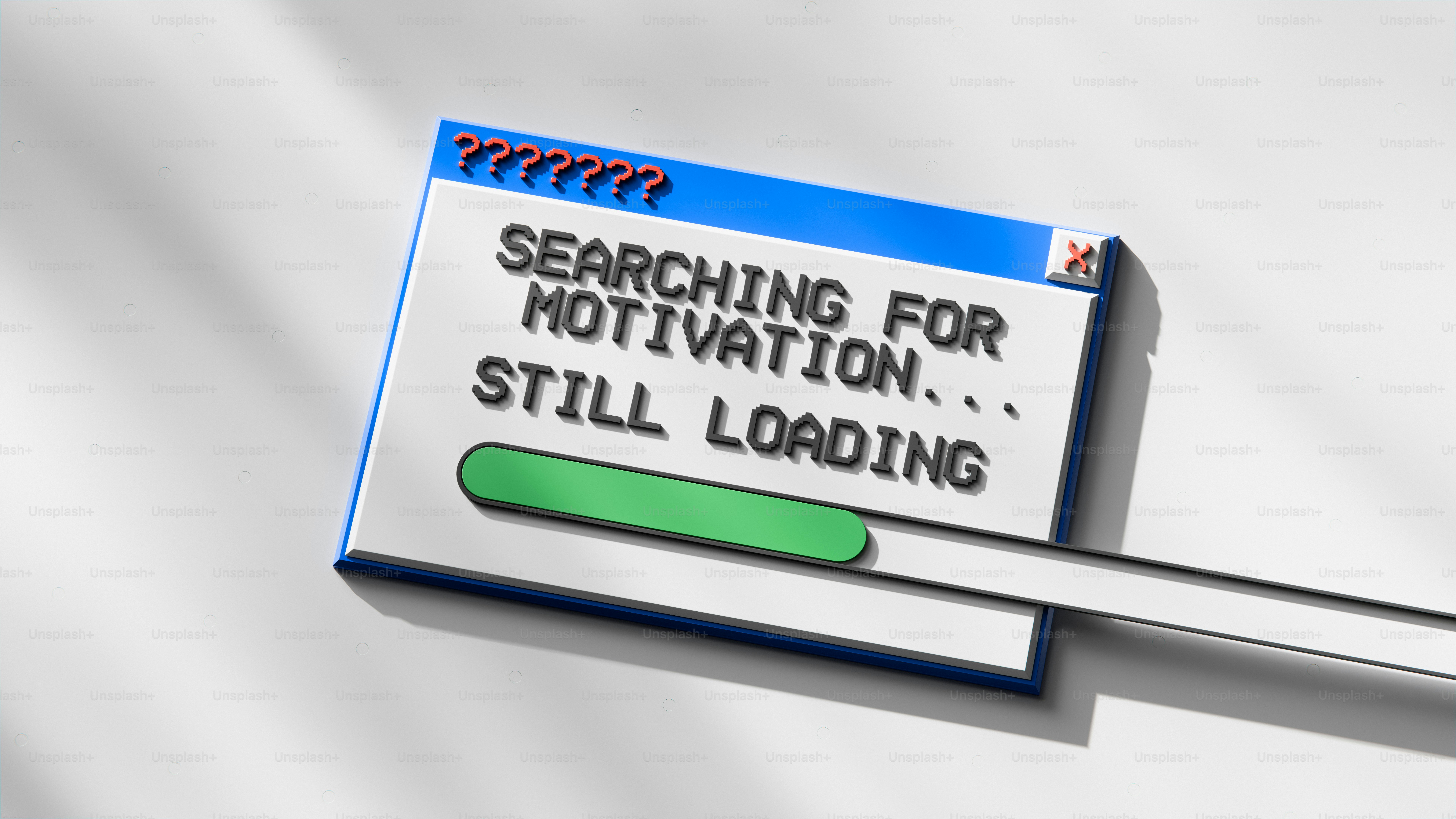 A digital window with a loading bar and text reading searching for motivation still loading