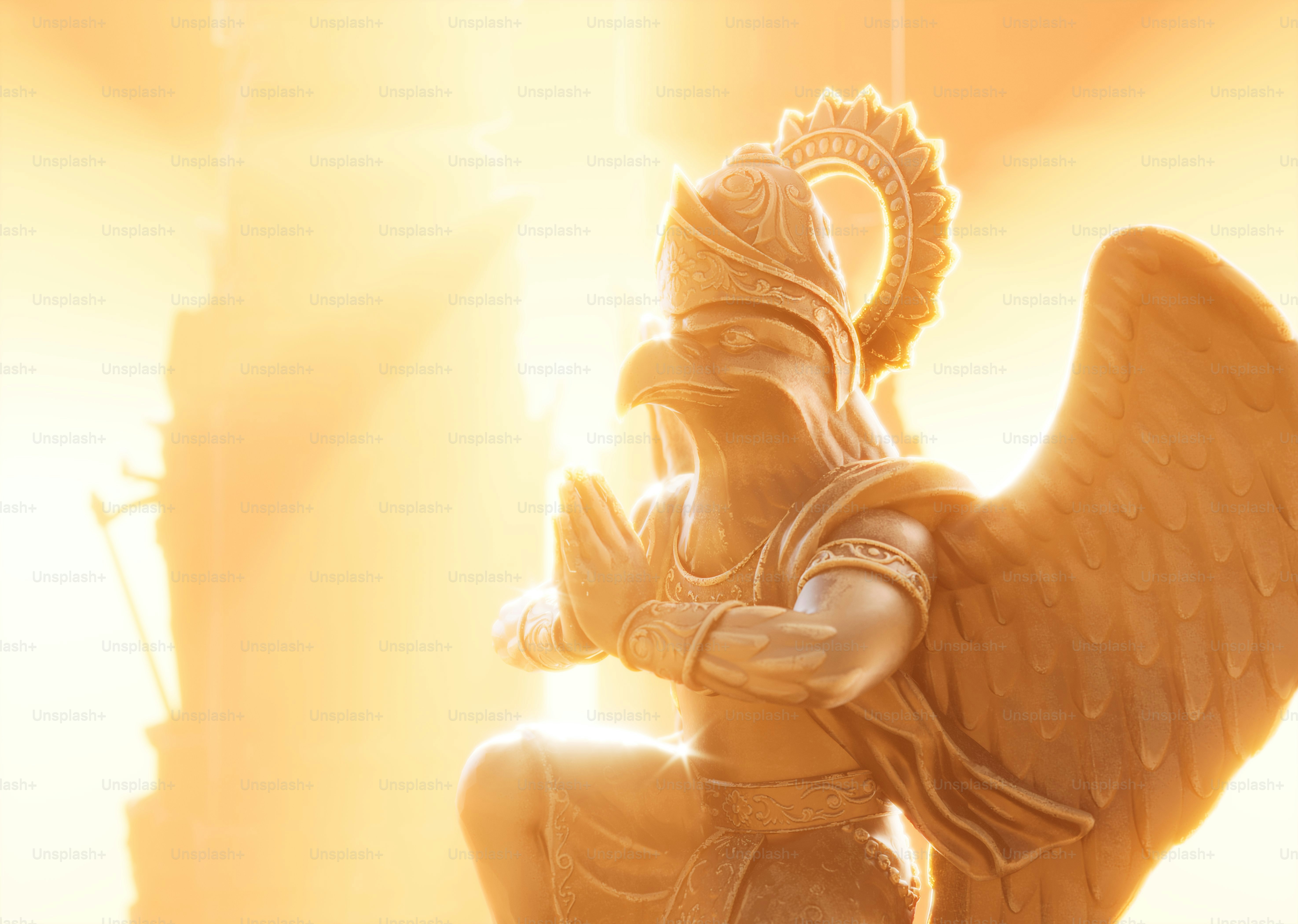 Una estatua dorada de Garuda con alas y manos en oración contra la luz brillante
