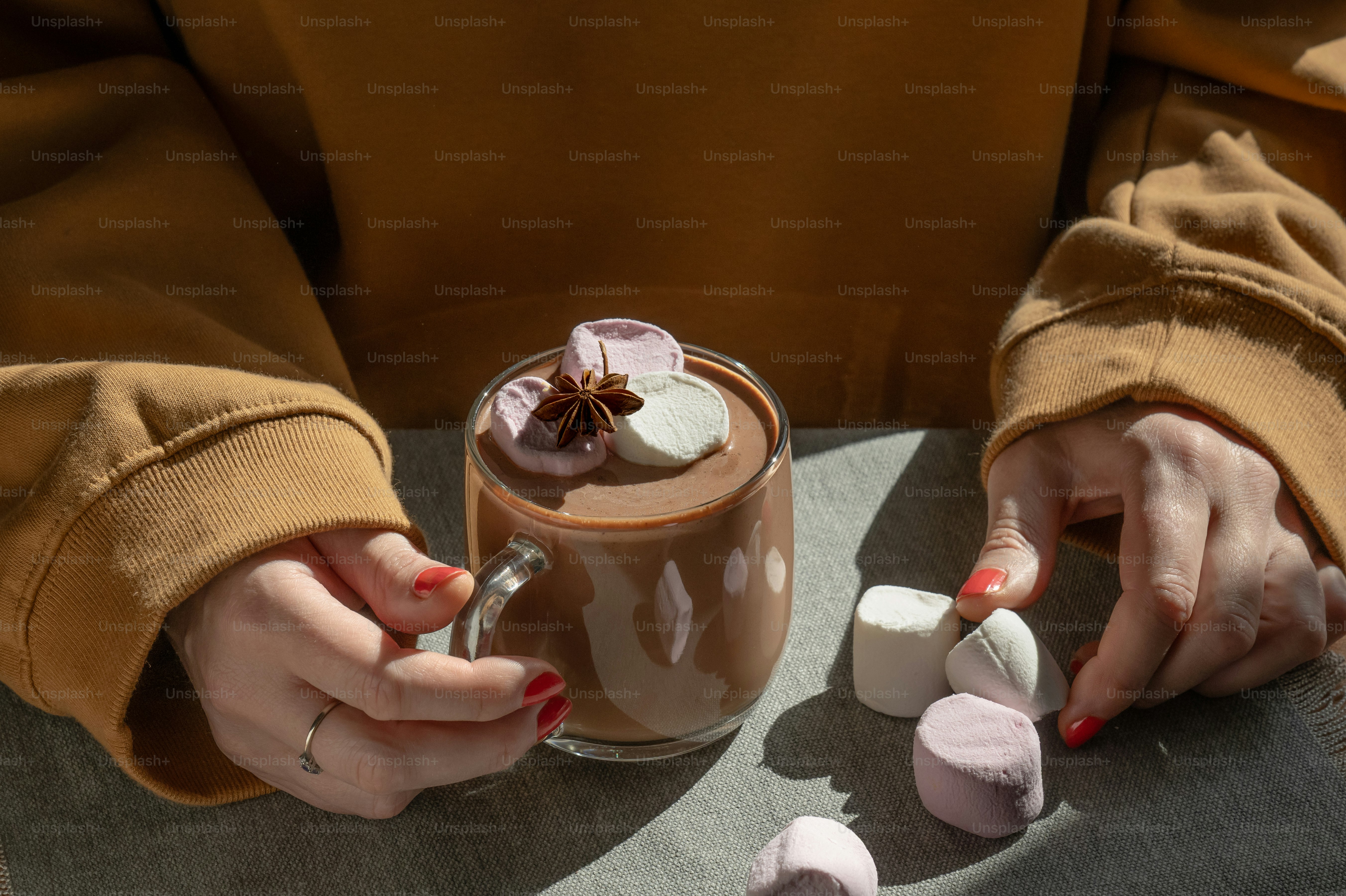 Hands holding a glass mug of hot chocolate topped with marshmallows and star anise
