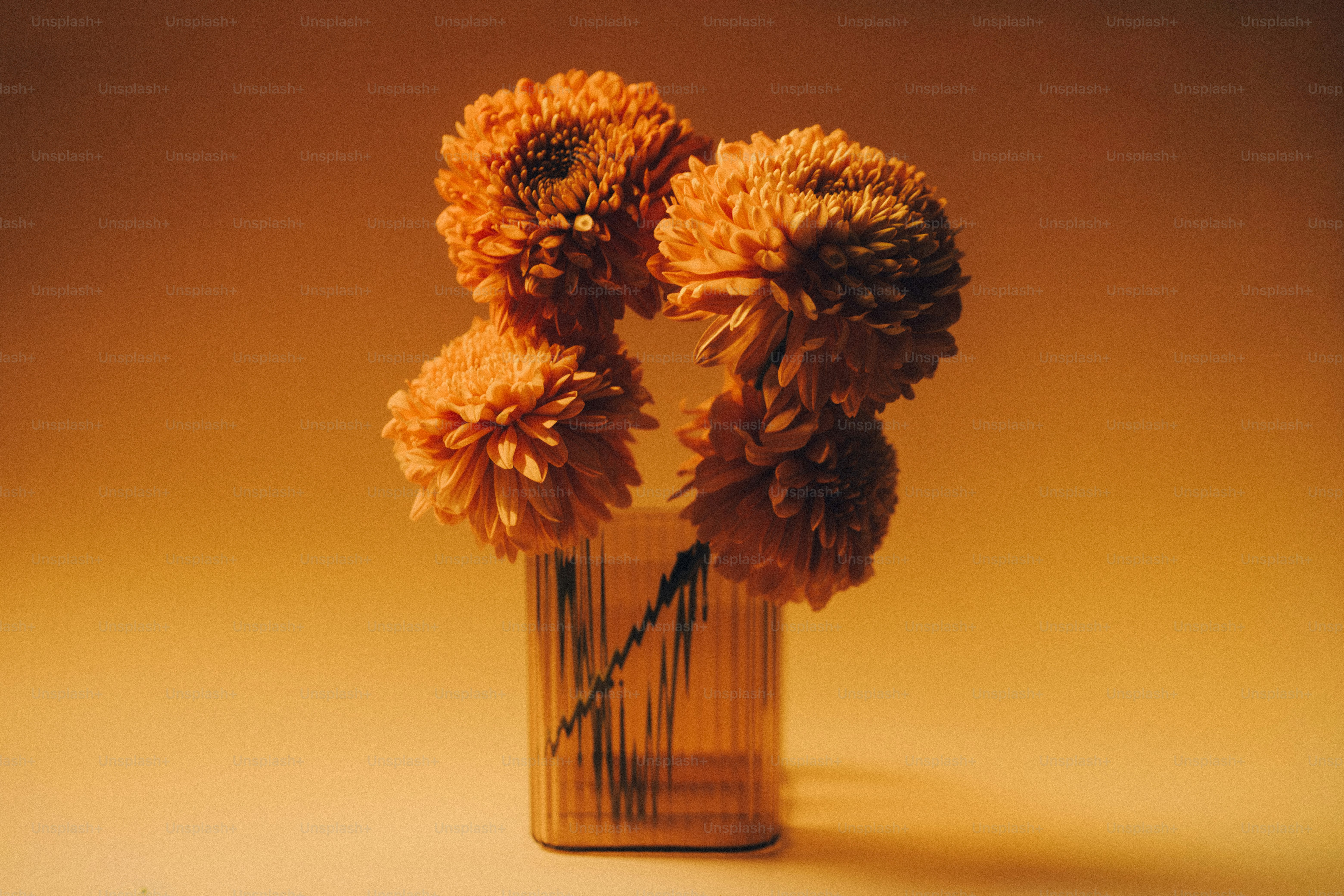 Four orange chrysanthemum flowers in a ribbed glass vase against a warm background