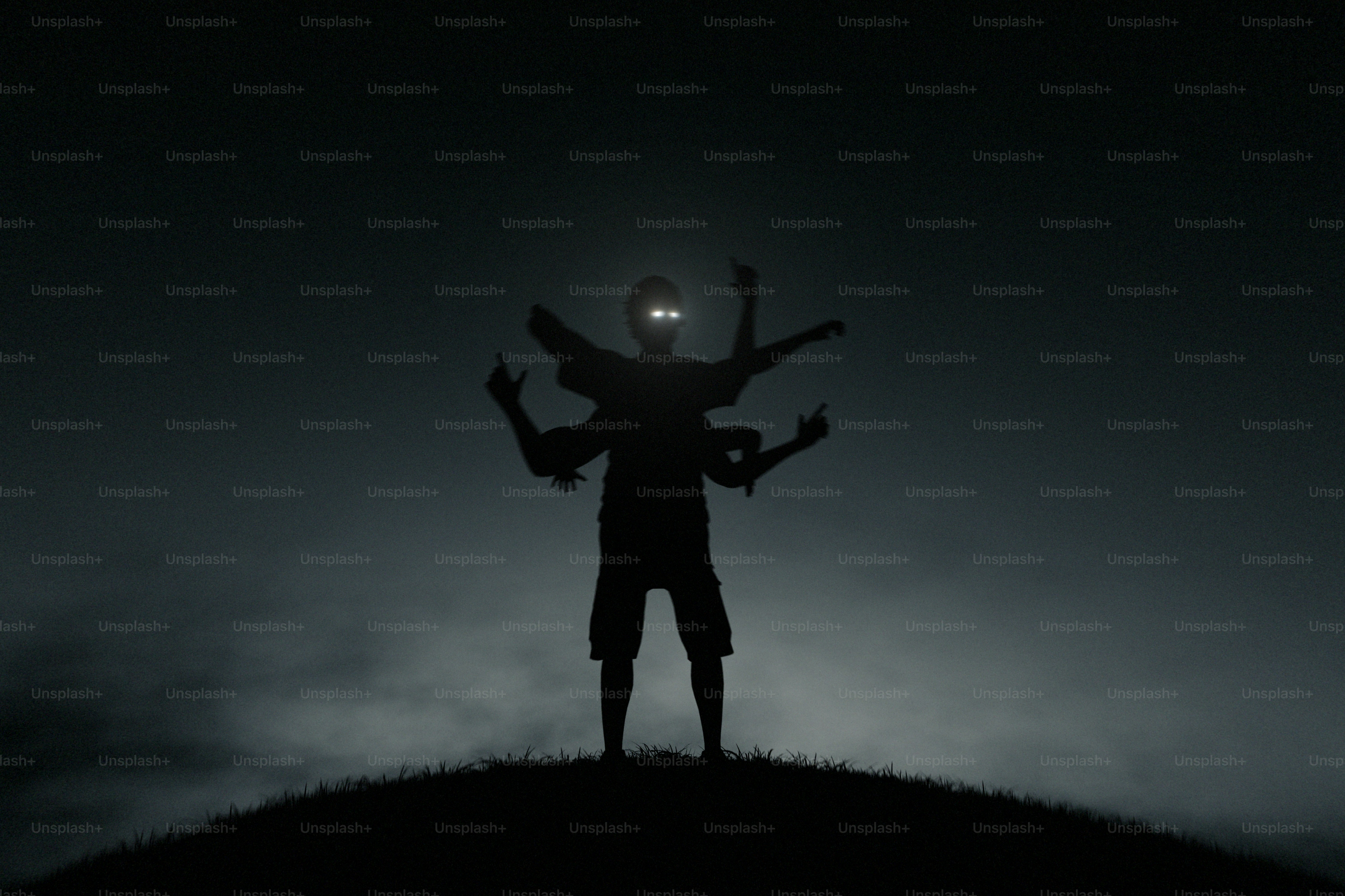 A silhouette of a person with multiple arms against a dark night sky
