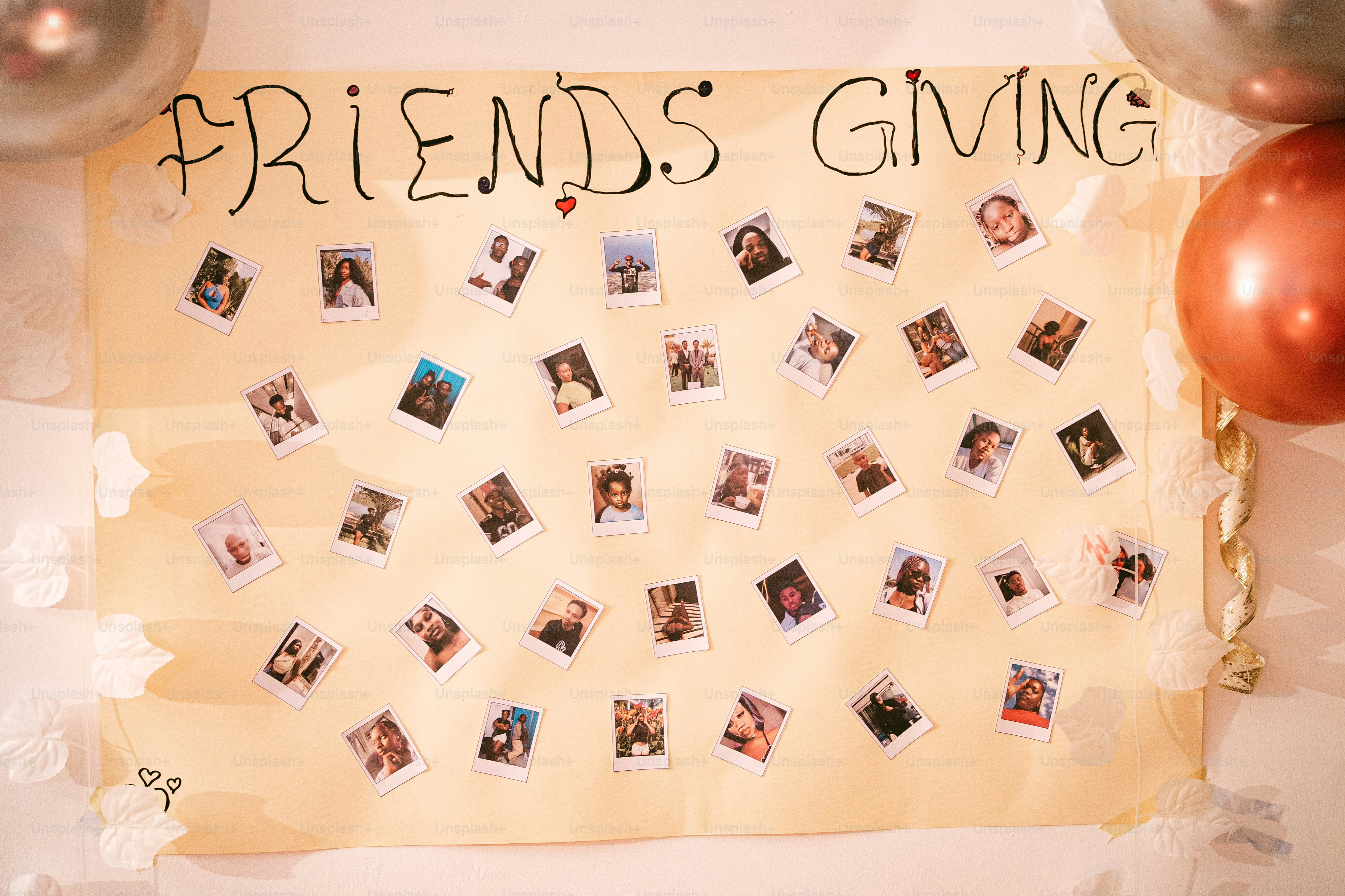 A poster reading Friendsgiving with many small polaroid photos of people attached