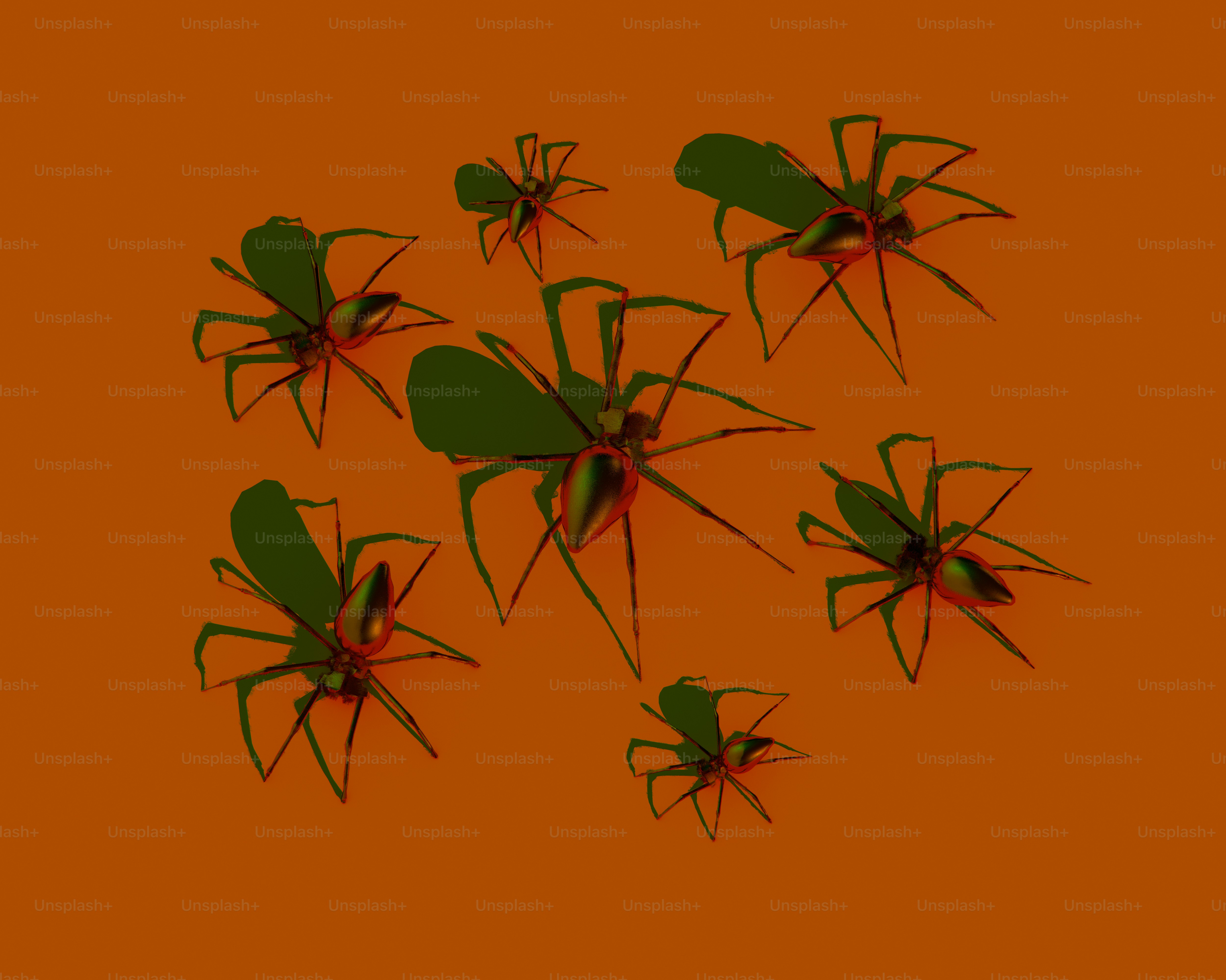 Seis arañas con cuerpos iridiscentes y sombras oscuras sobre un fondo naranja