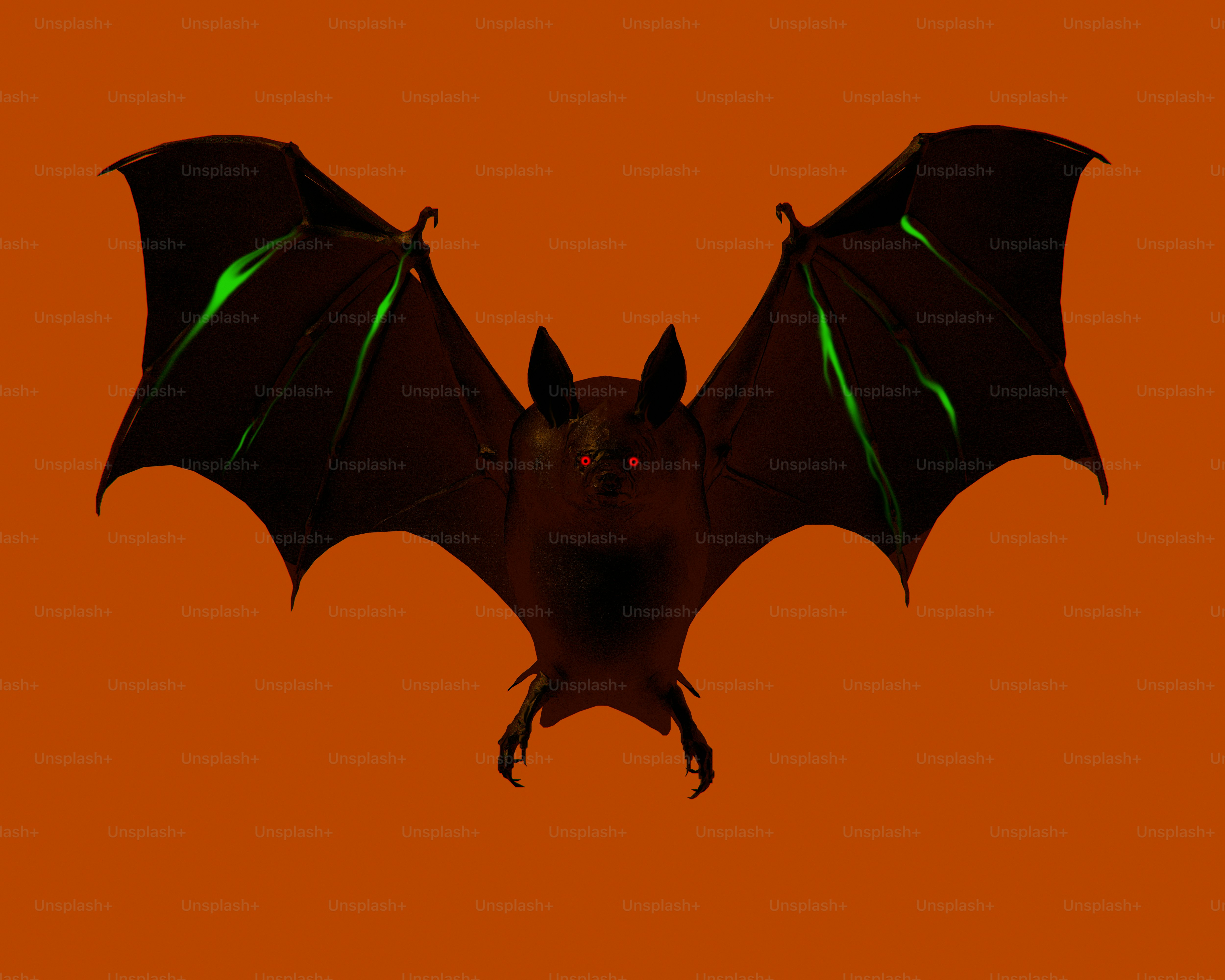 Un murciélago oscuro con ojos rojos brillantes y venas verdes en las alas sobre naranja