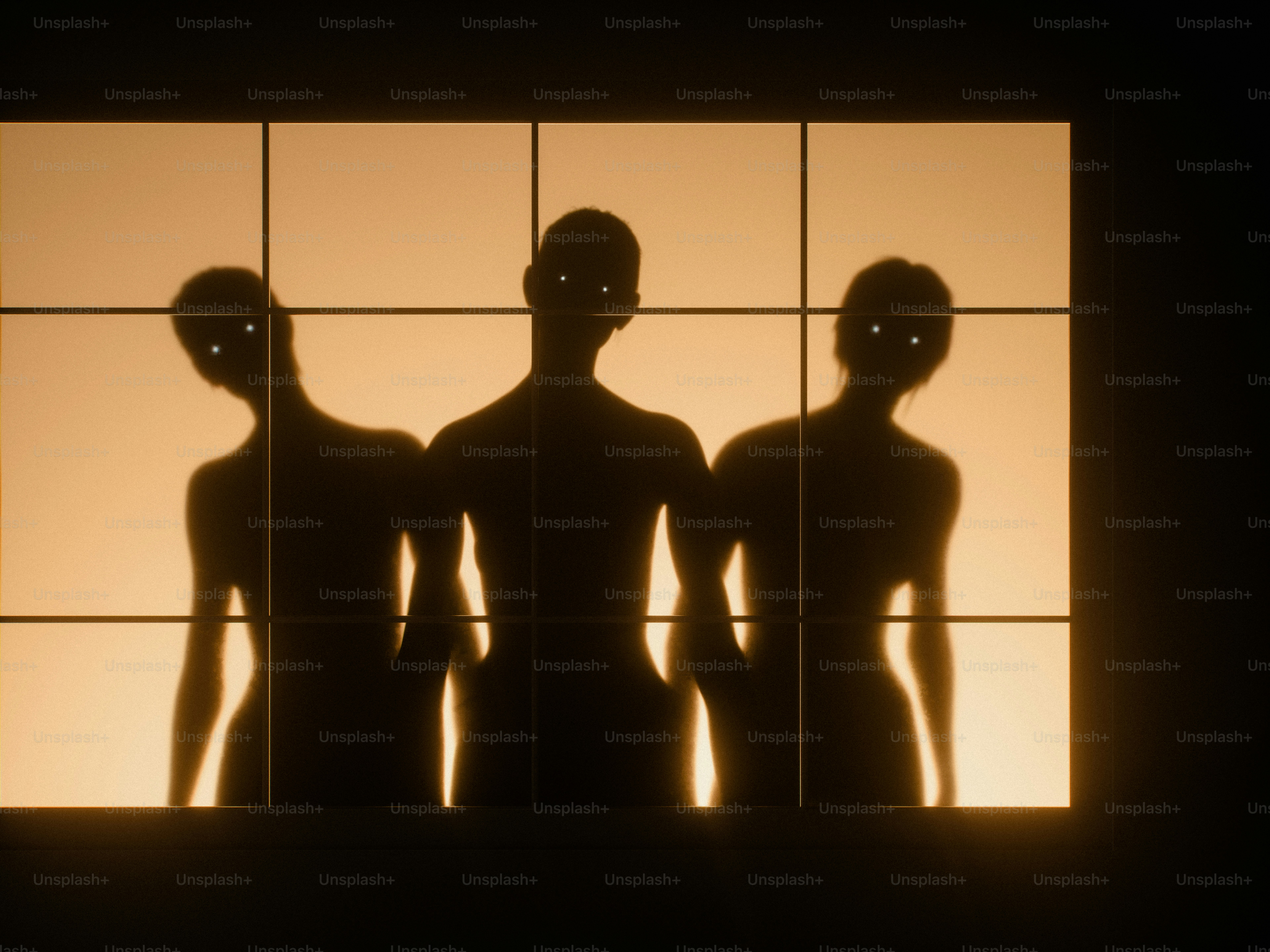 Three silhouettes of people with glowing eyes behind a grid of glass panes
