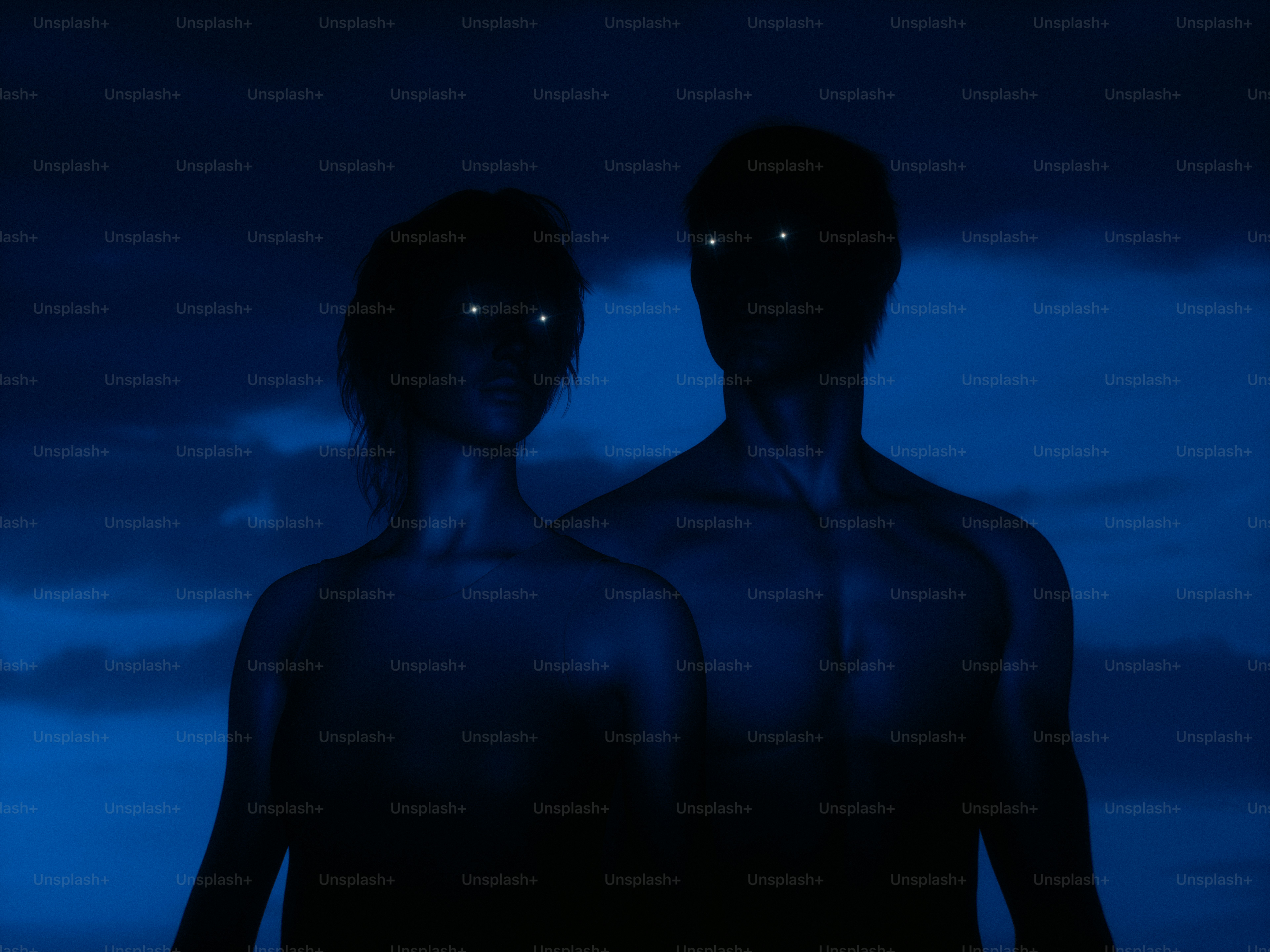 Two silhouettes of people with glowing white eyes against a dark blue background