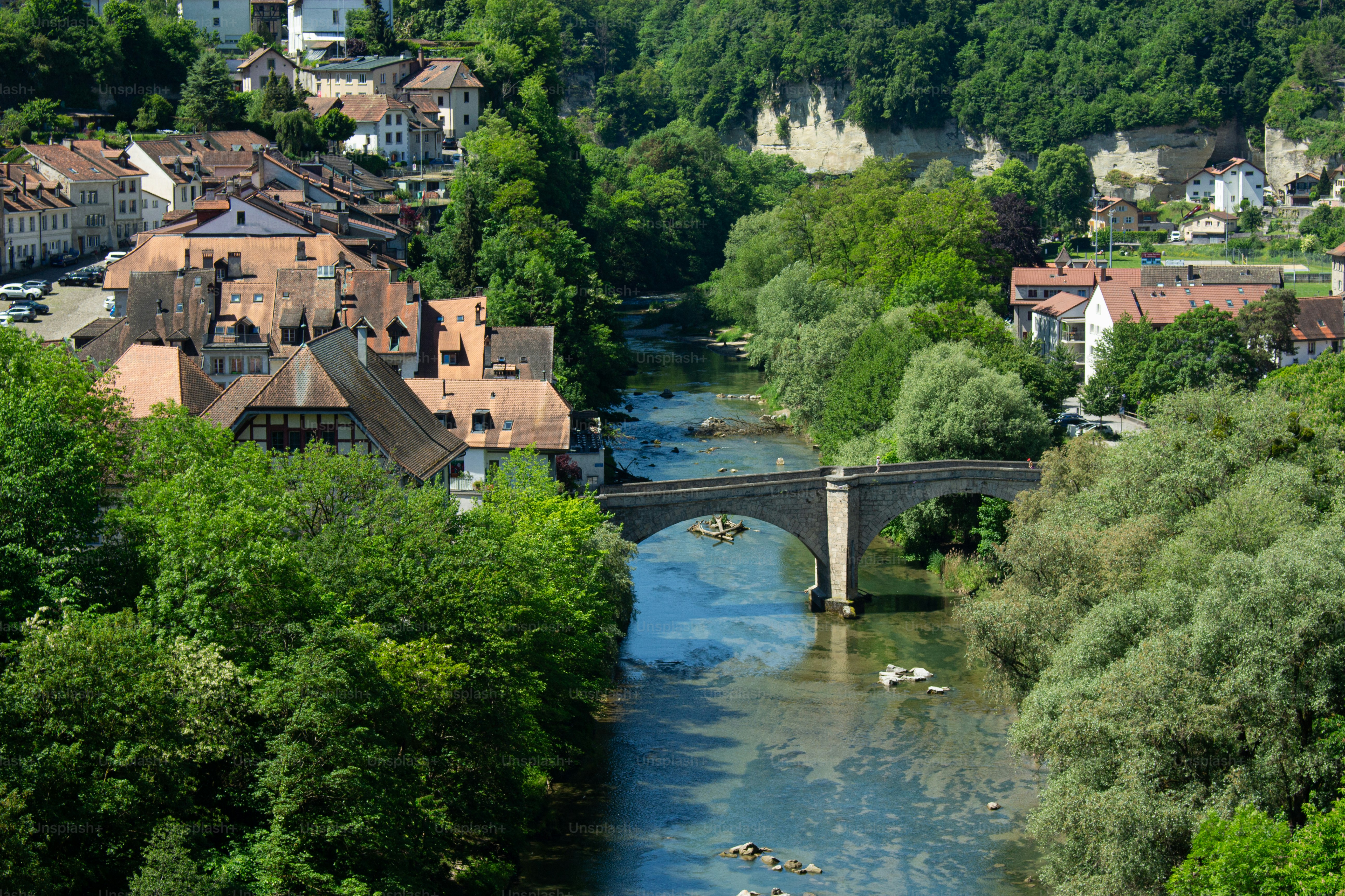 Un pont en pierre sur la Sarine à Fribourg, en Suisse, entouré d’arbres