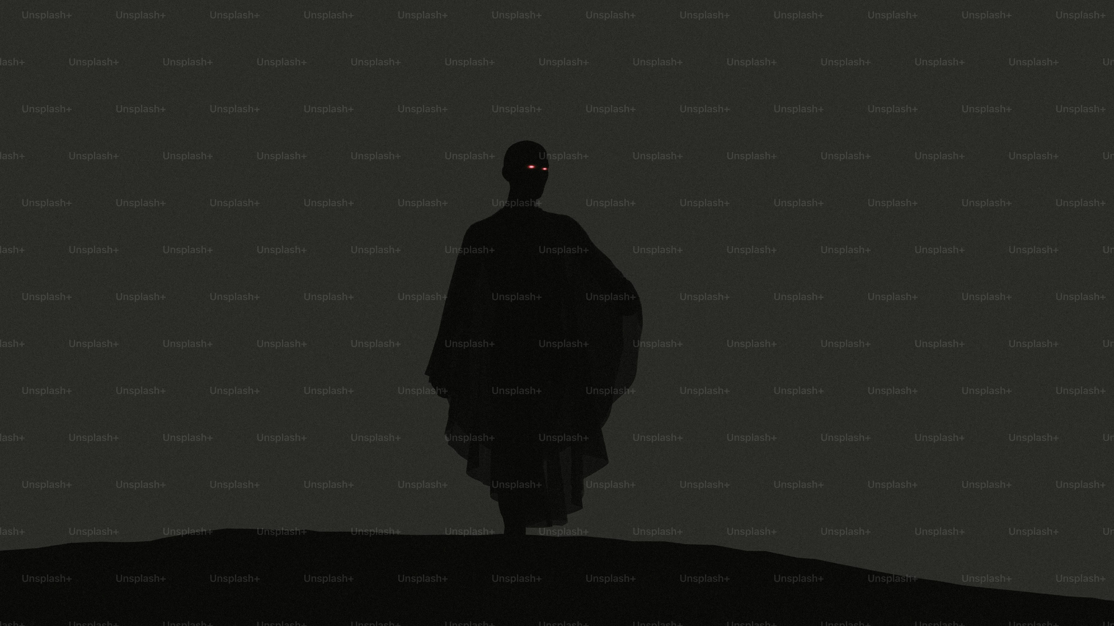 Eine Silhouette einer Person in einem fließenden Umhang mit leuchtend roten Augen