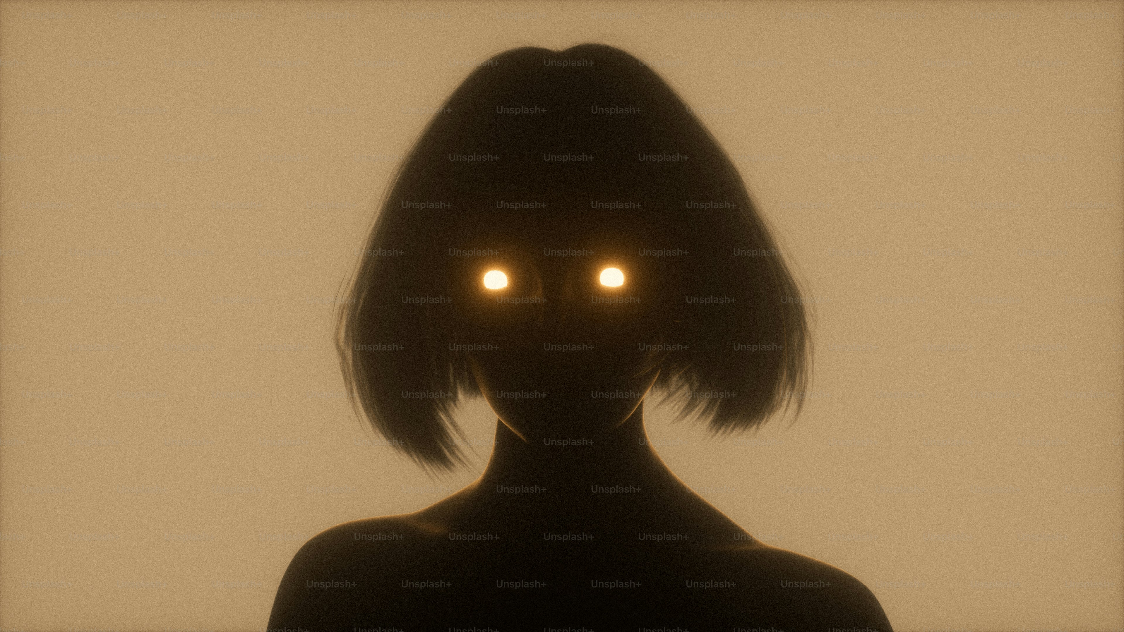 Eine Person in Silhouette mit leuchtend gelben Augen vor einem warmen, nebligen Hintergrund