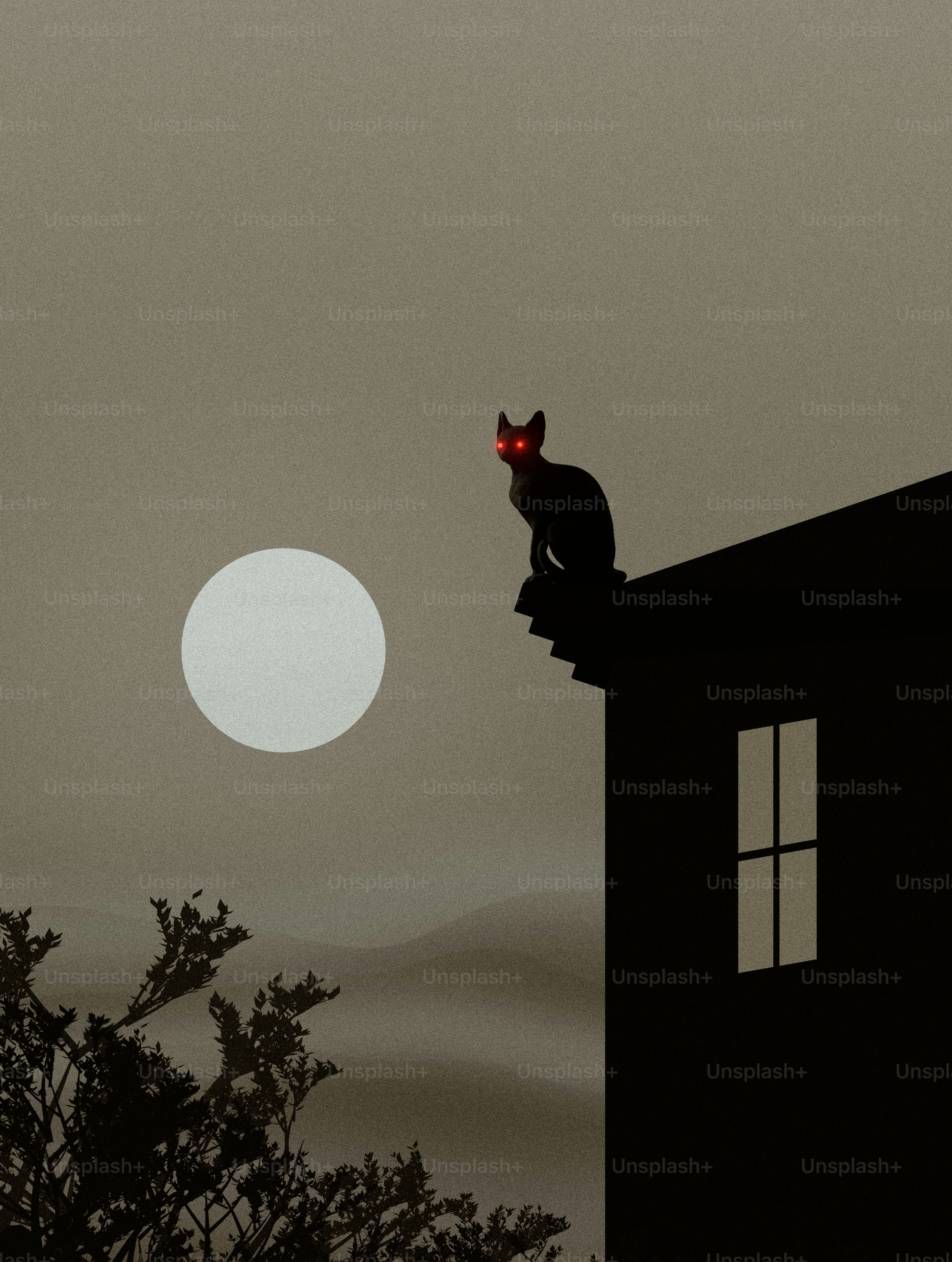 Un gato negro con ojos rojos brillantes en un tejado contra la luna llena