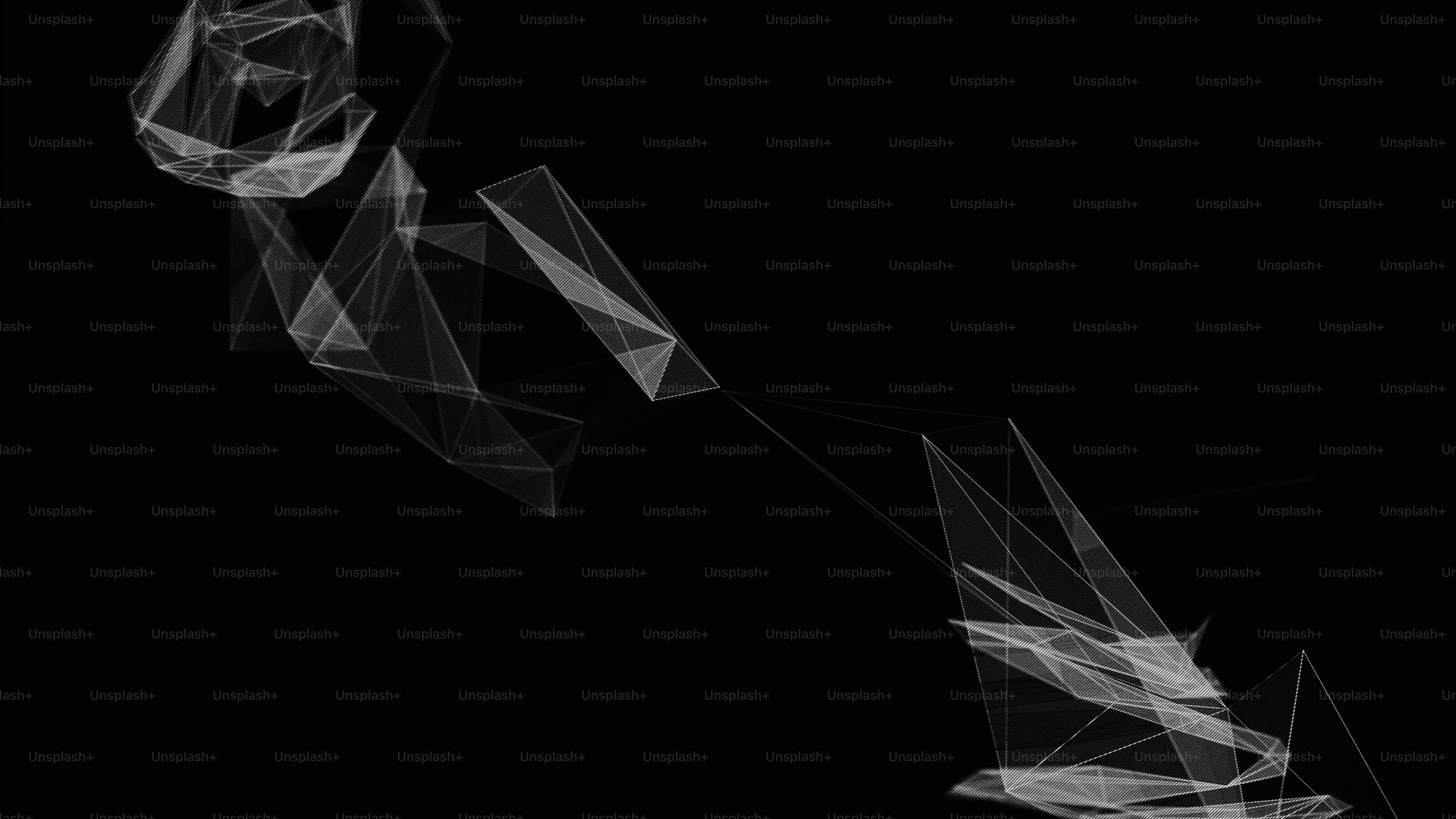White geometric wireframe structures connected by thin lines against a black background