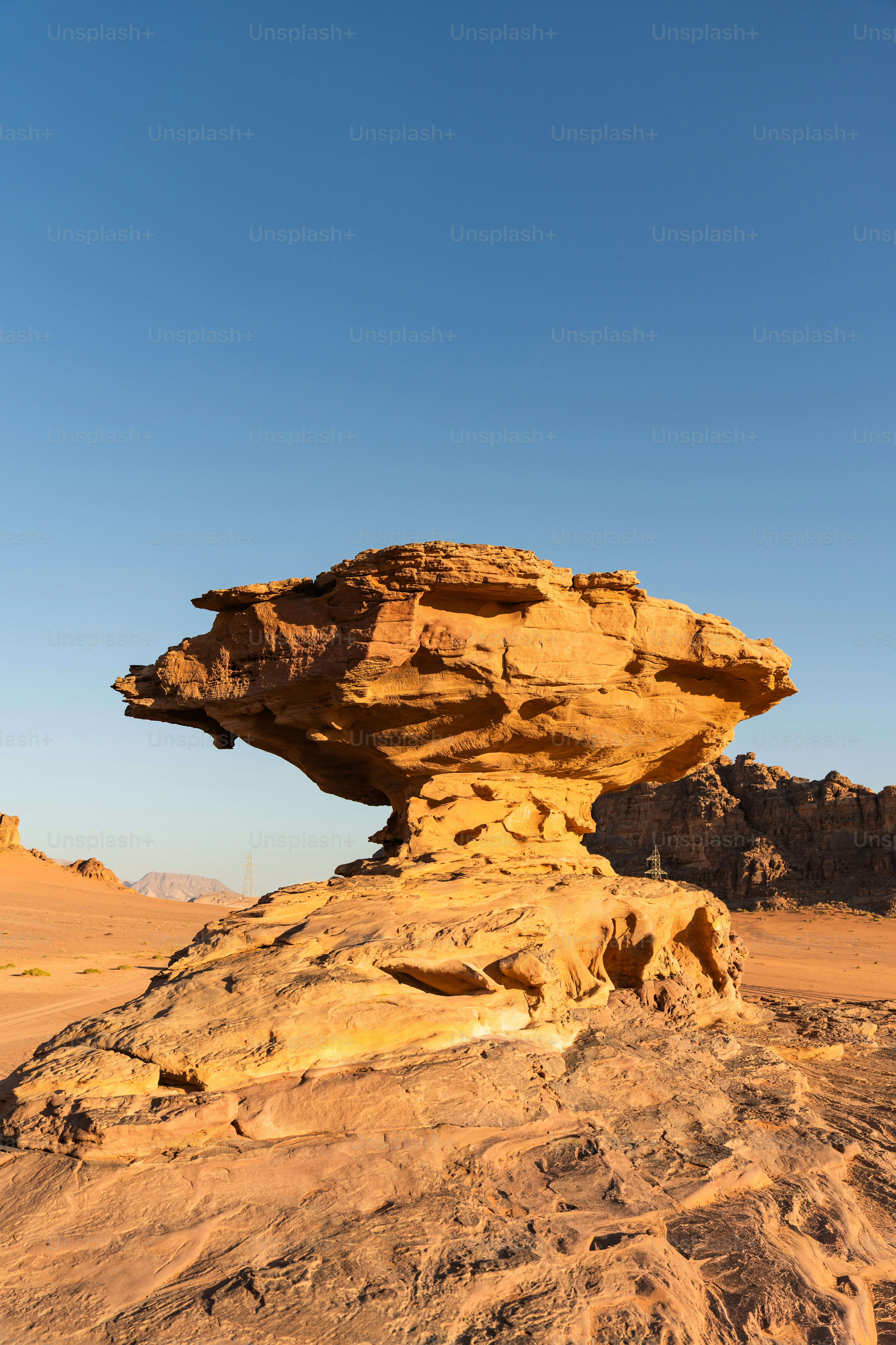 A mushroom-shaped sandstone rock formation in the desert of Wadi Rum, Jordan