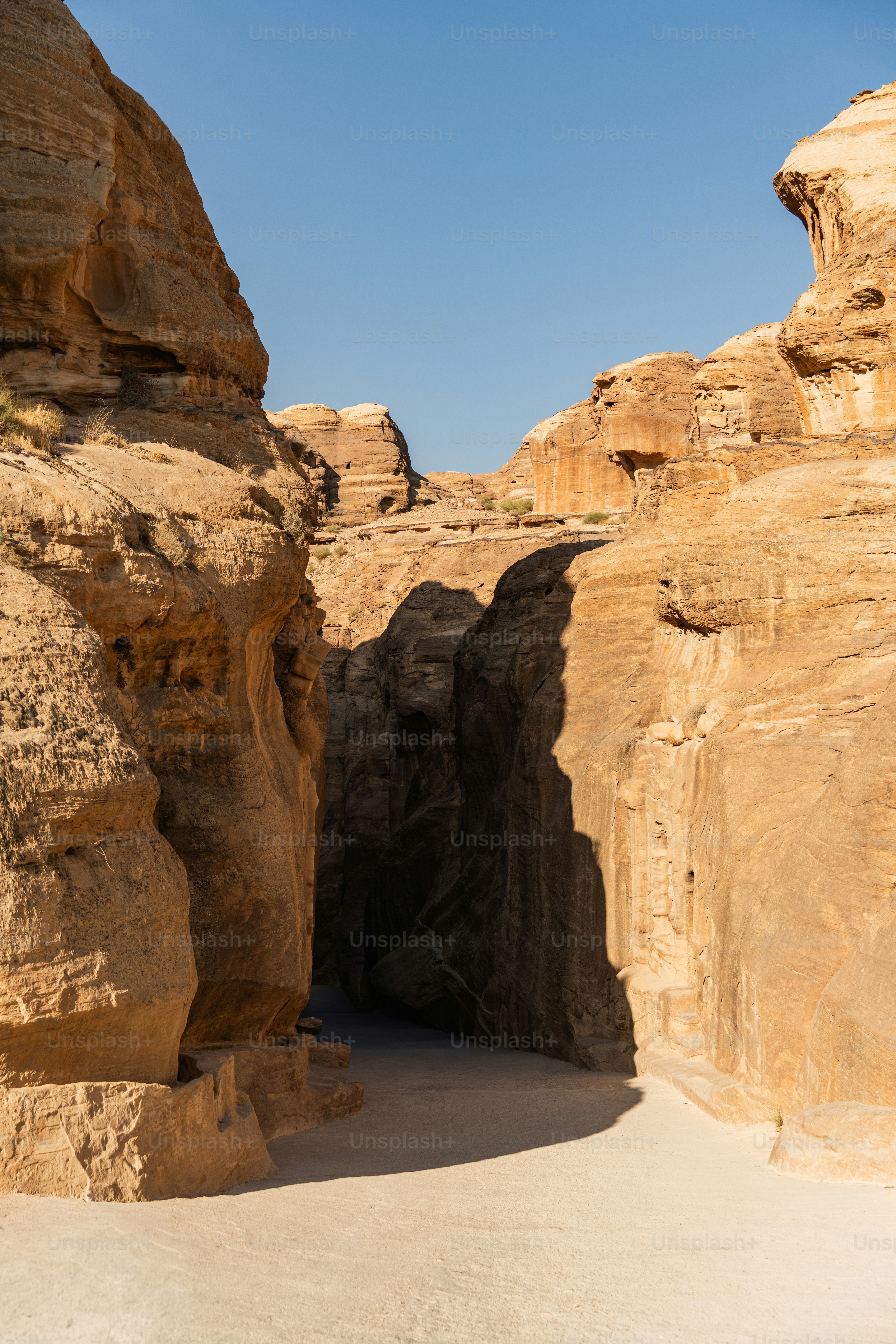 A narrow path through towering sandstone cliffs in Wadi Musa, Jordan