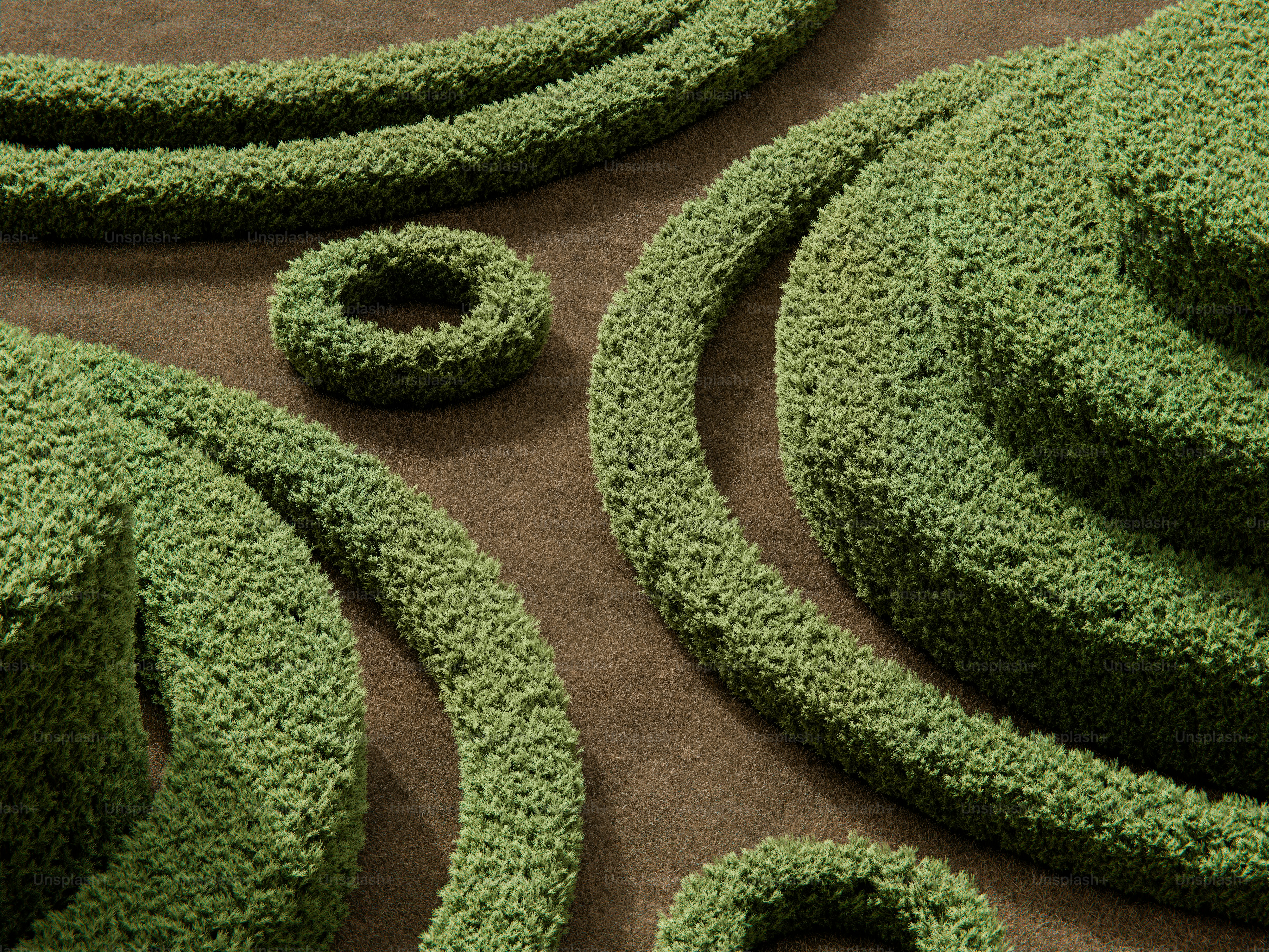 Green circular hedges arranged in geometric patterns on a brown ground