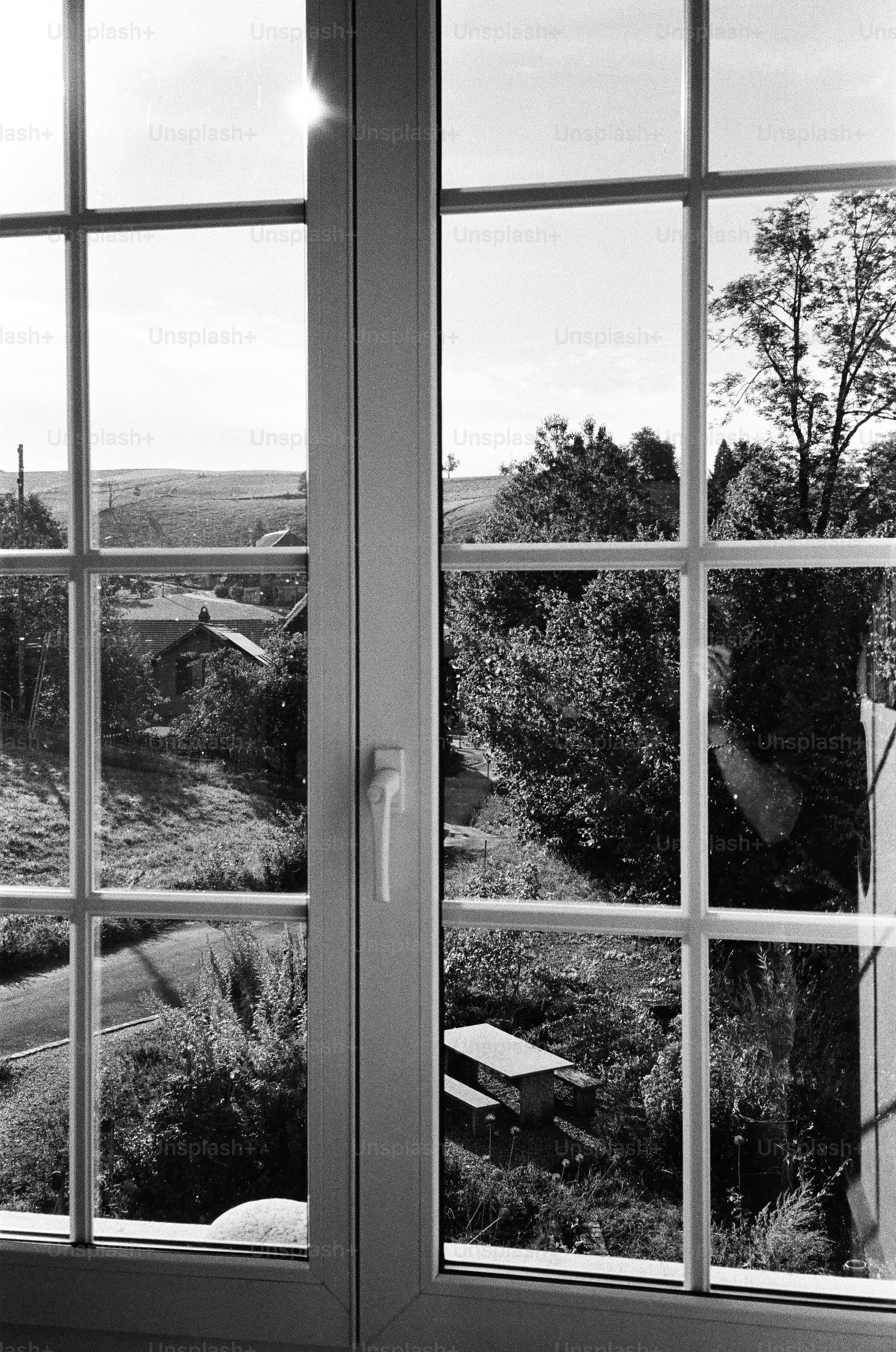 A view through a window of a garden with a table and rural landscape