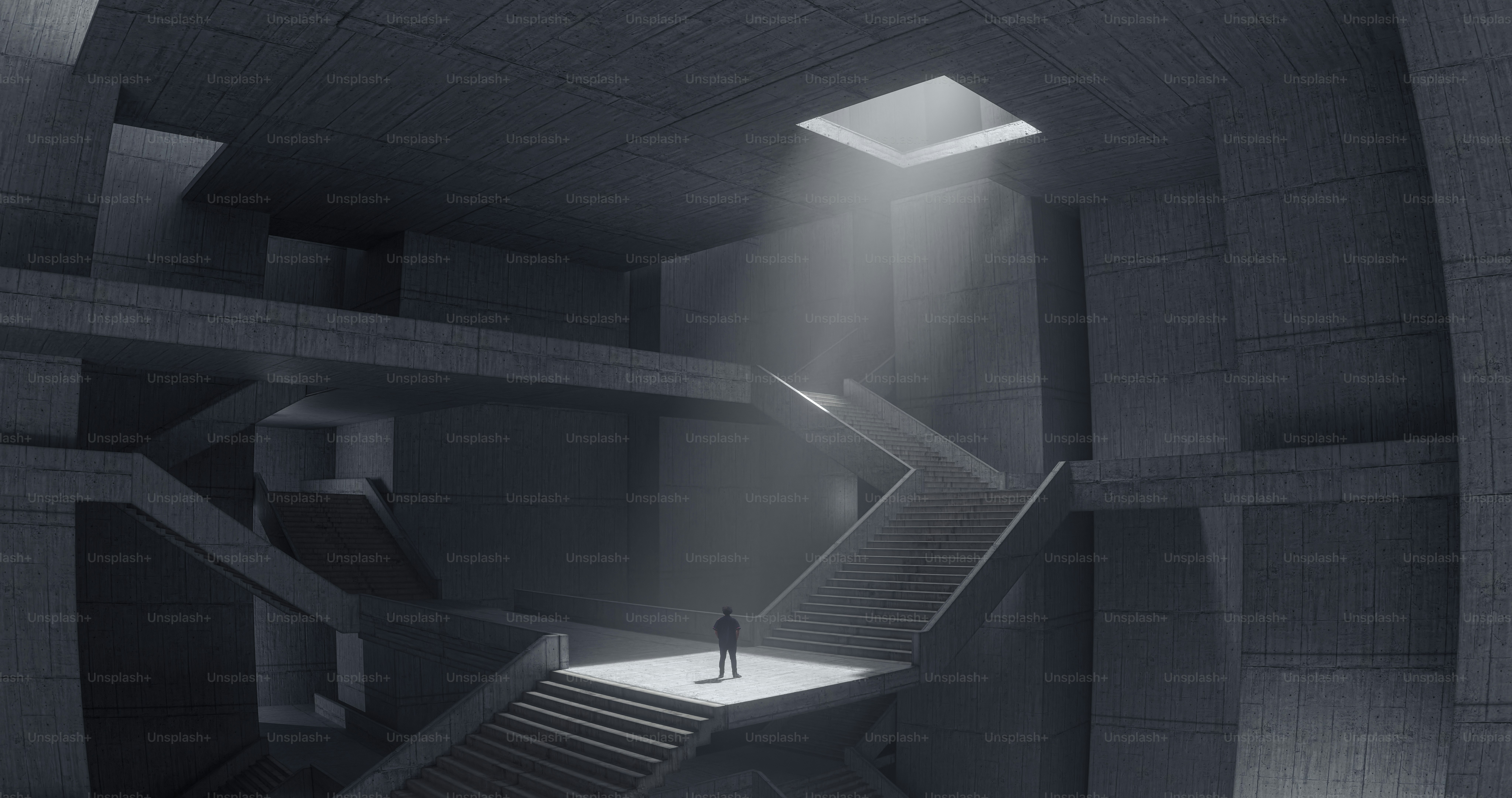 A person on a concrete landing beneath a shaft of light in a building