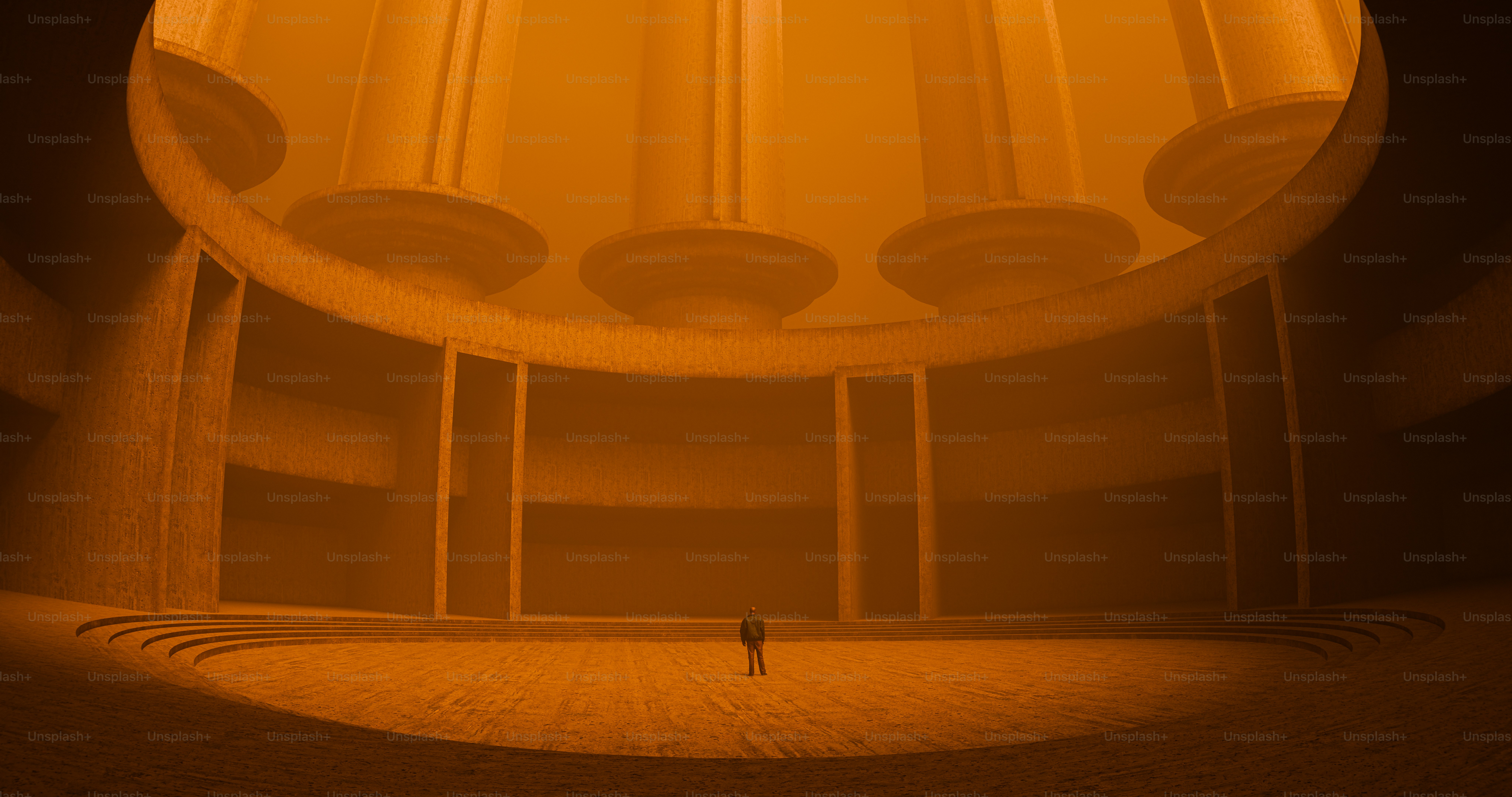 Uma renderização 3D de uma pessoa em pé dentro de um vasto salão circular com imponentes pilares laranja