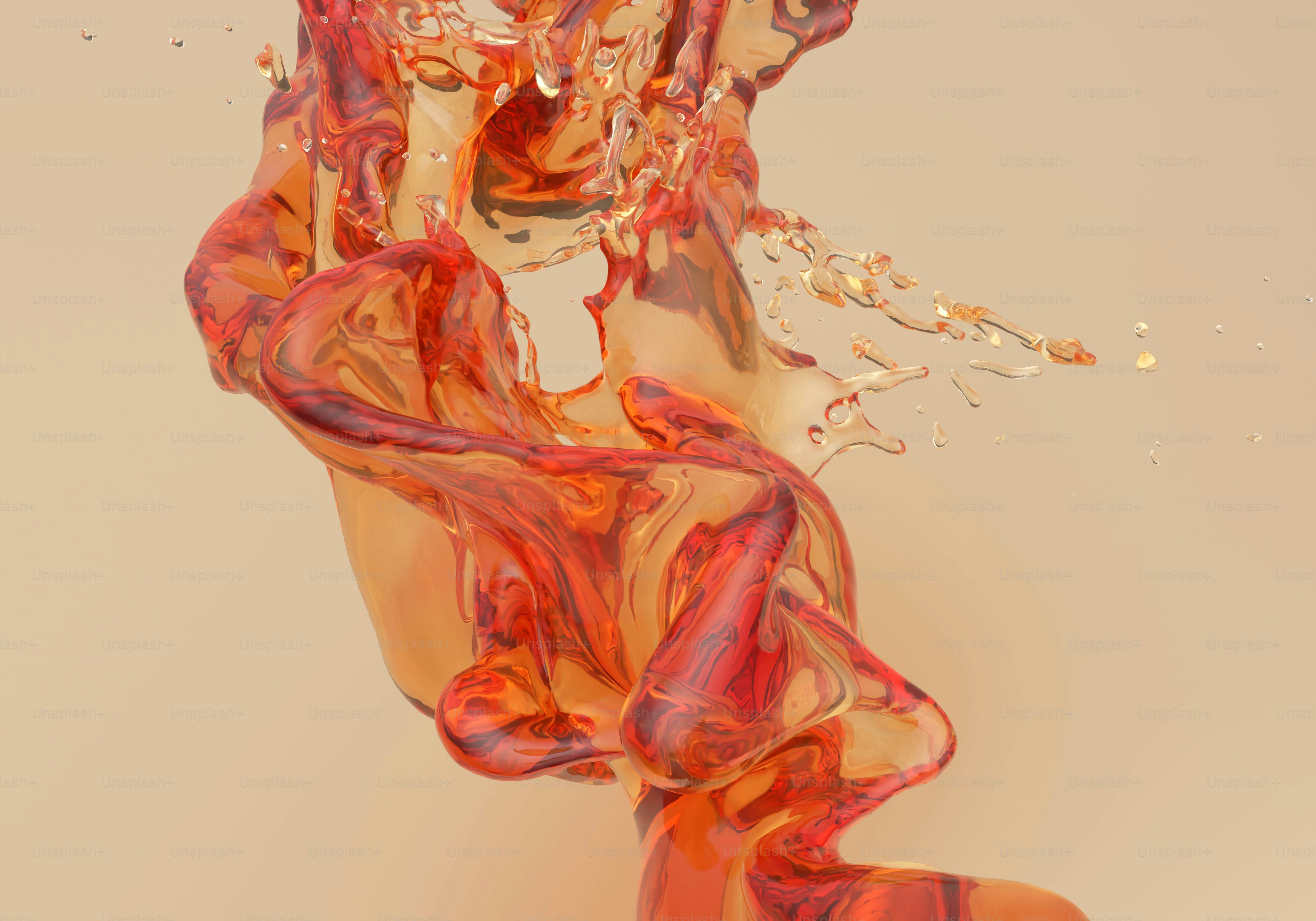 A swirling splash of translucent red and orange liquid against a beige background
