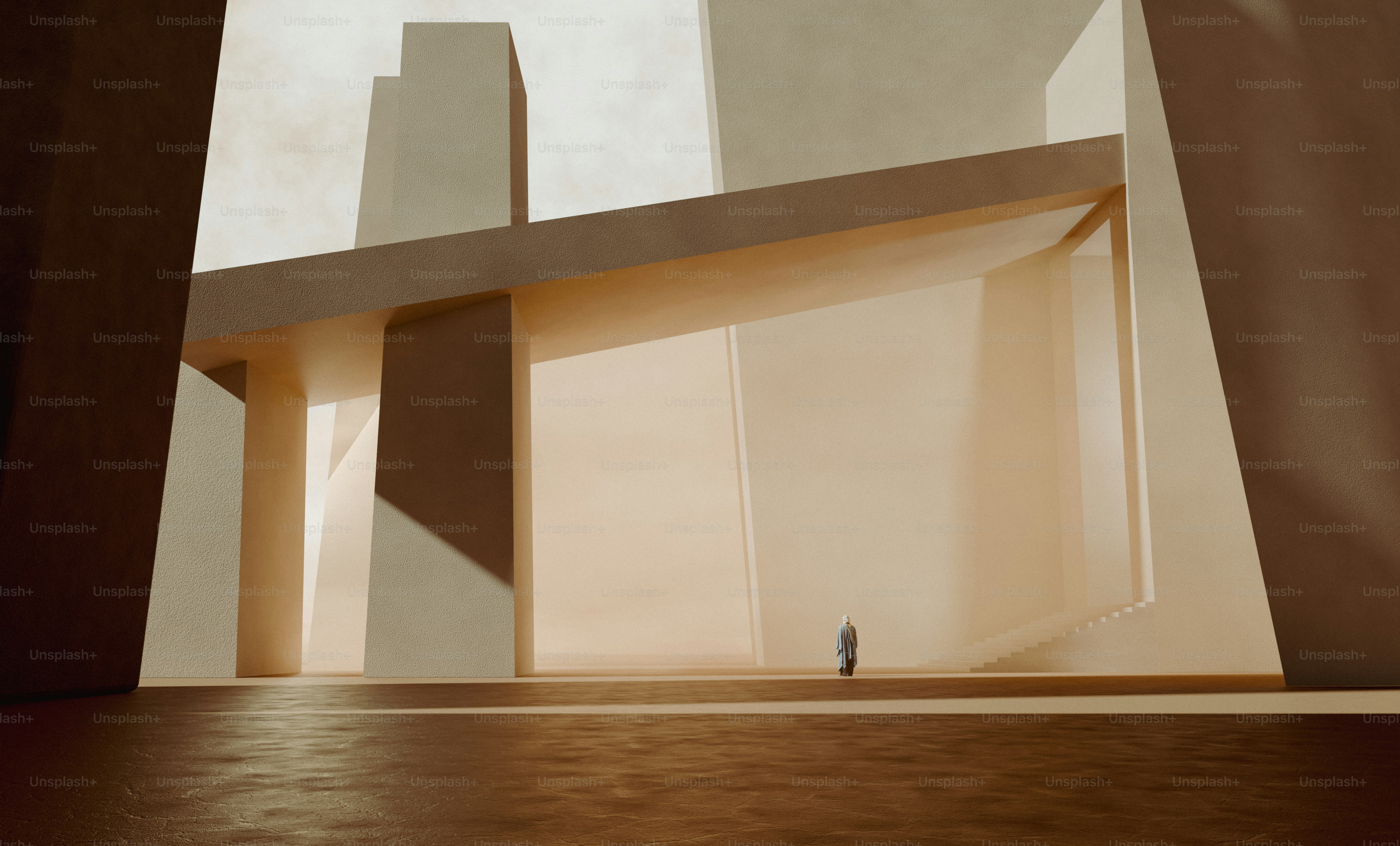 A person in a long coat within a vast minimalist architectural space