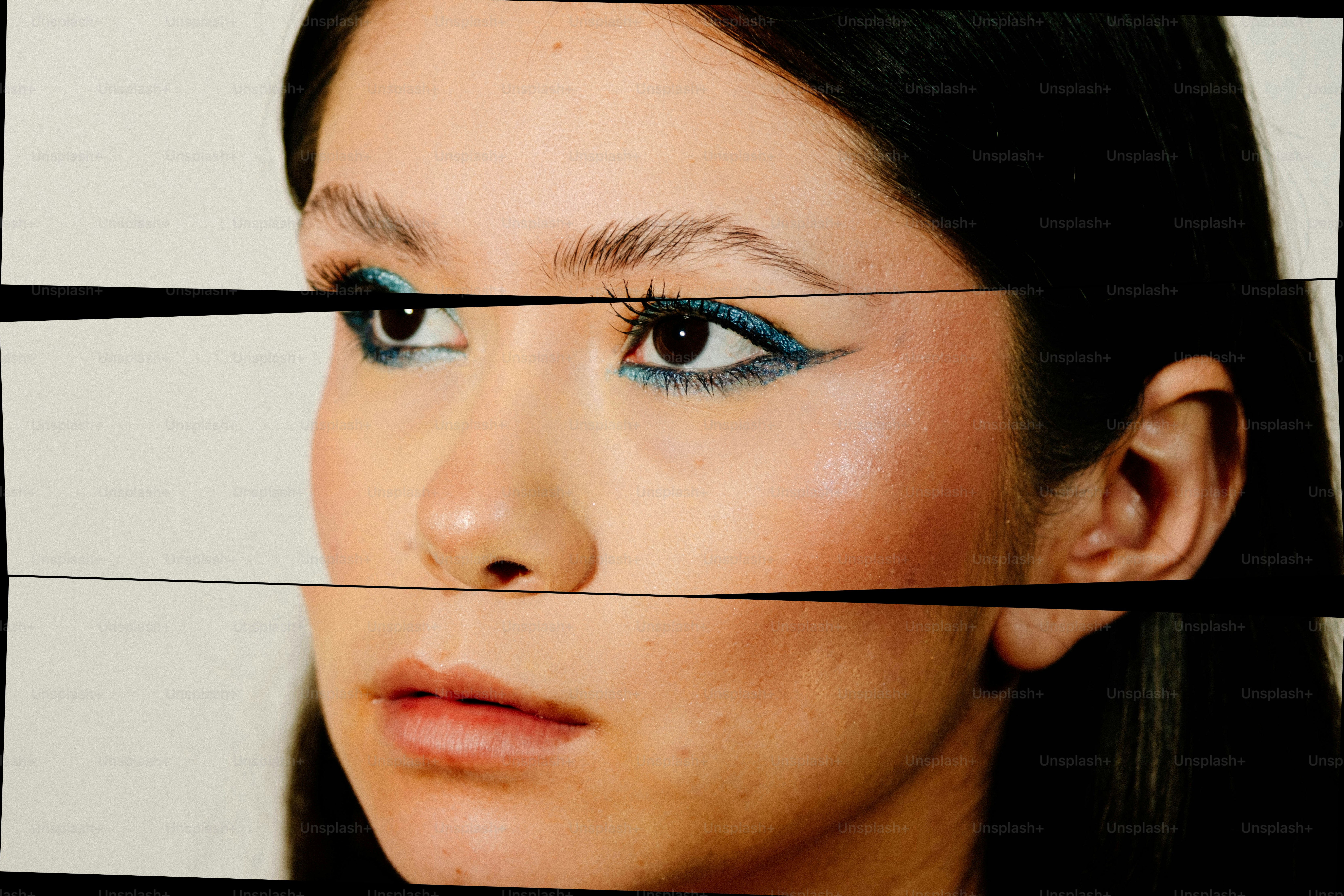 A person with blue glitter eyeshadow and winged eyeliner in a collage style