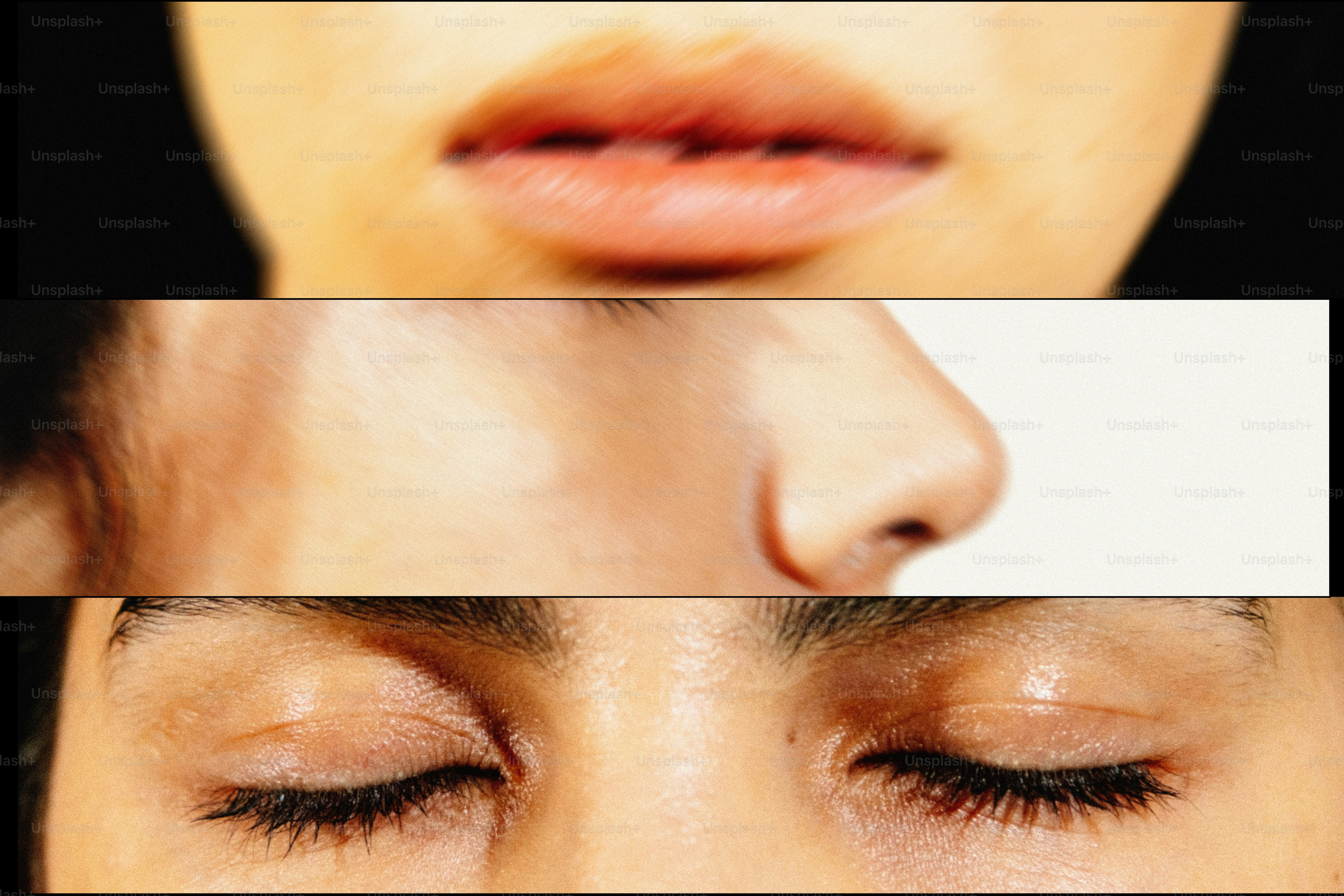Um composto dos lábios, nariz e olhos fechados com cílios escuros de uma pessoa
