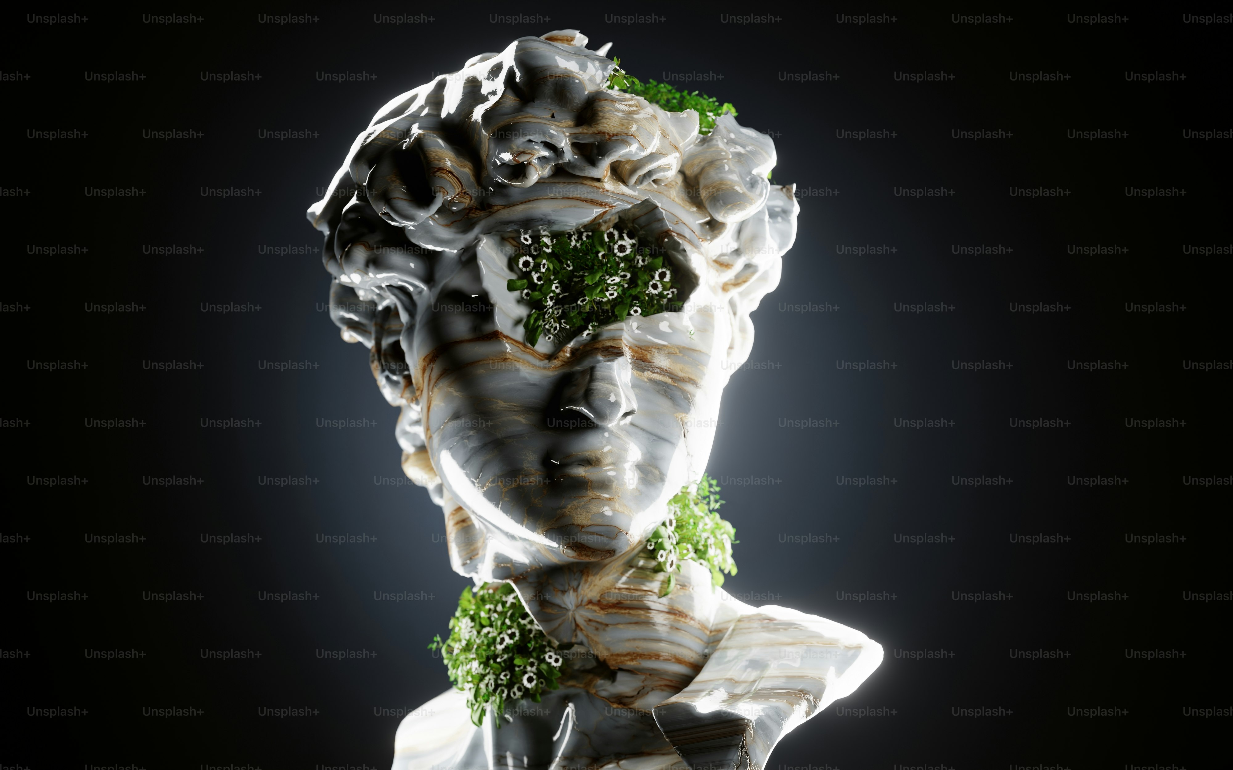 Una rappresentazione 3D di un busto di marmo con piccoli fiori bianchi che crescono dalla testa e dal collo