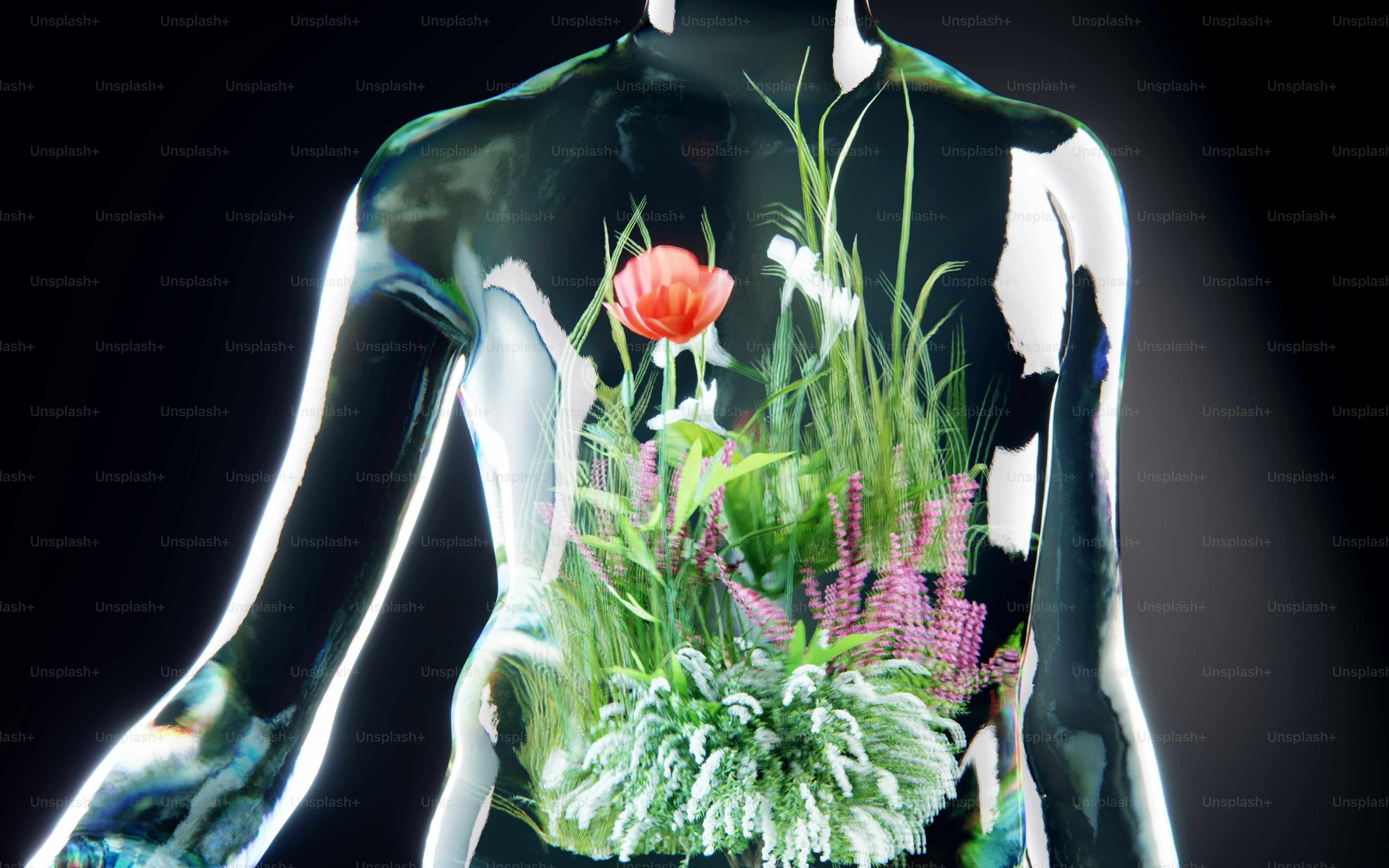 Un rendering 3D di un torso umano trasparente pieno di fiori selvatici vivaci ed erba verde