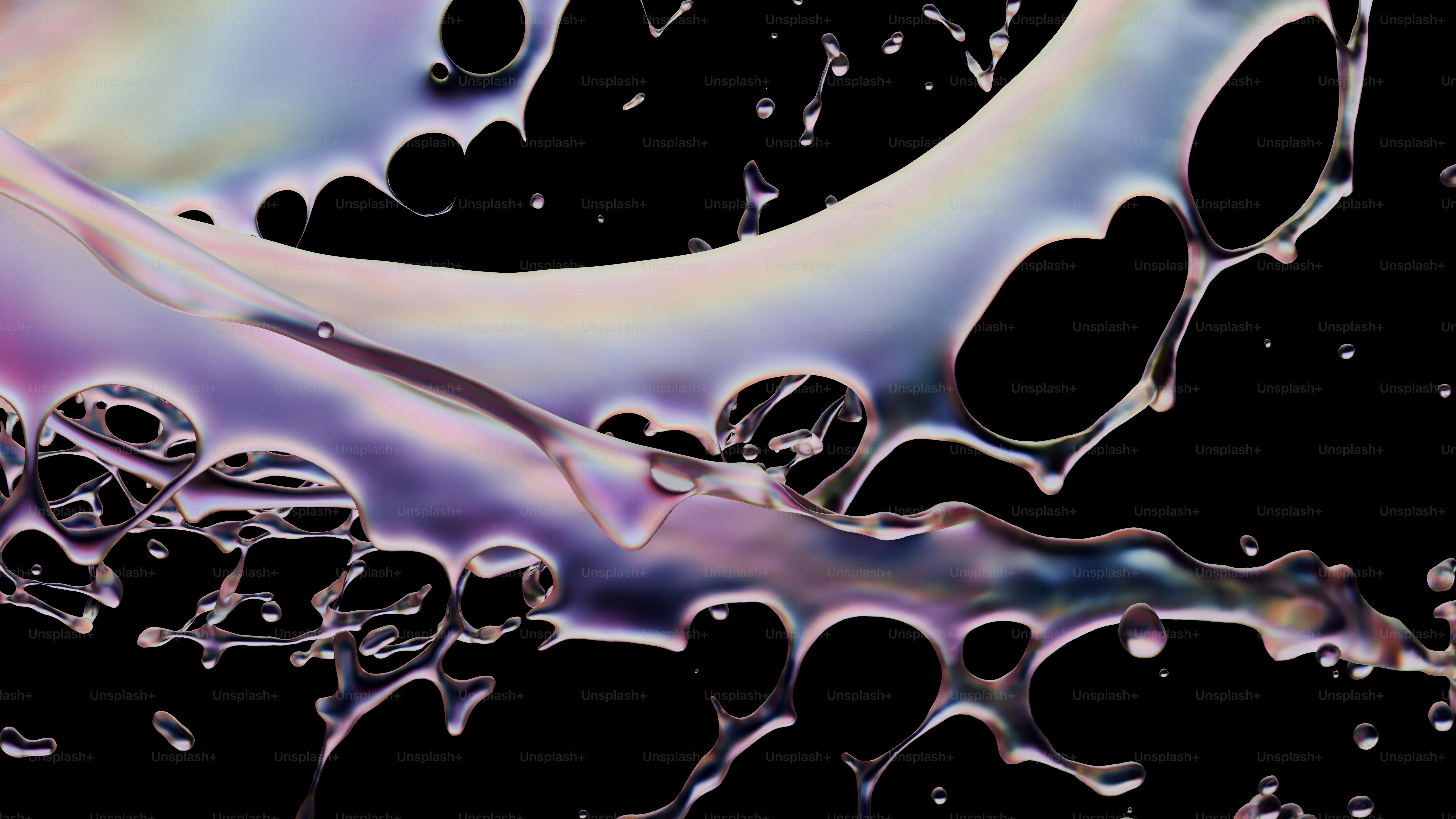 A 3D render of iridescent liquid splashing against a black background