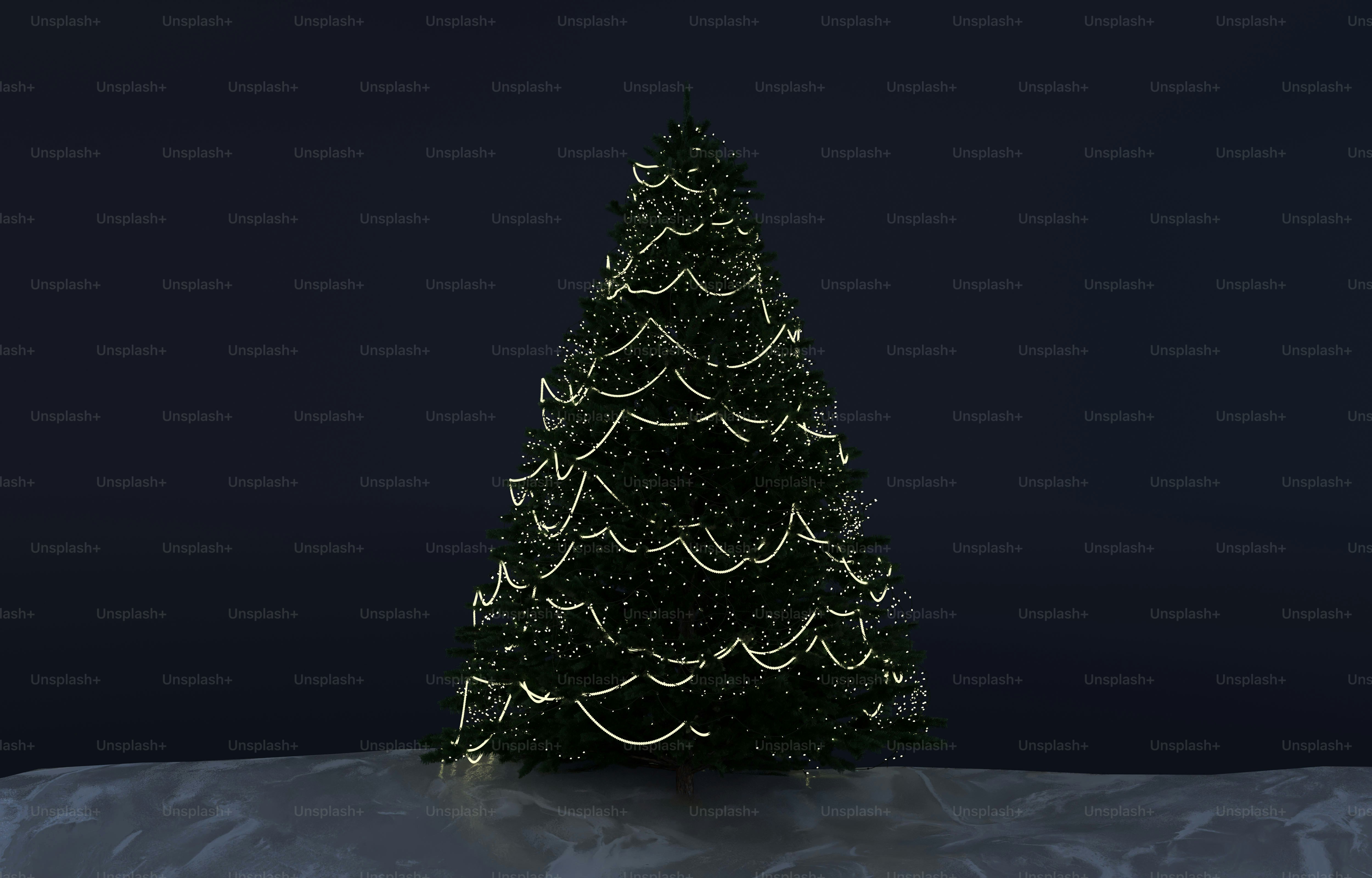 A dark green Christmas tree decorated with glowing white string lights on snow