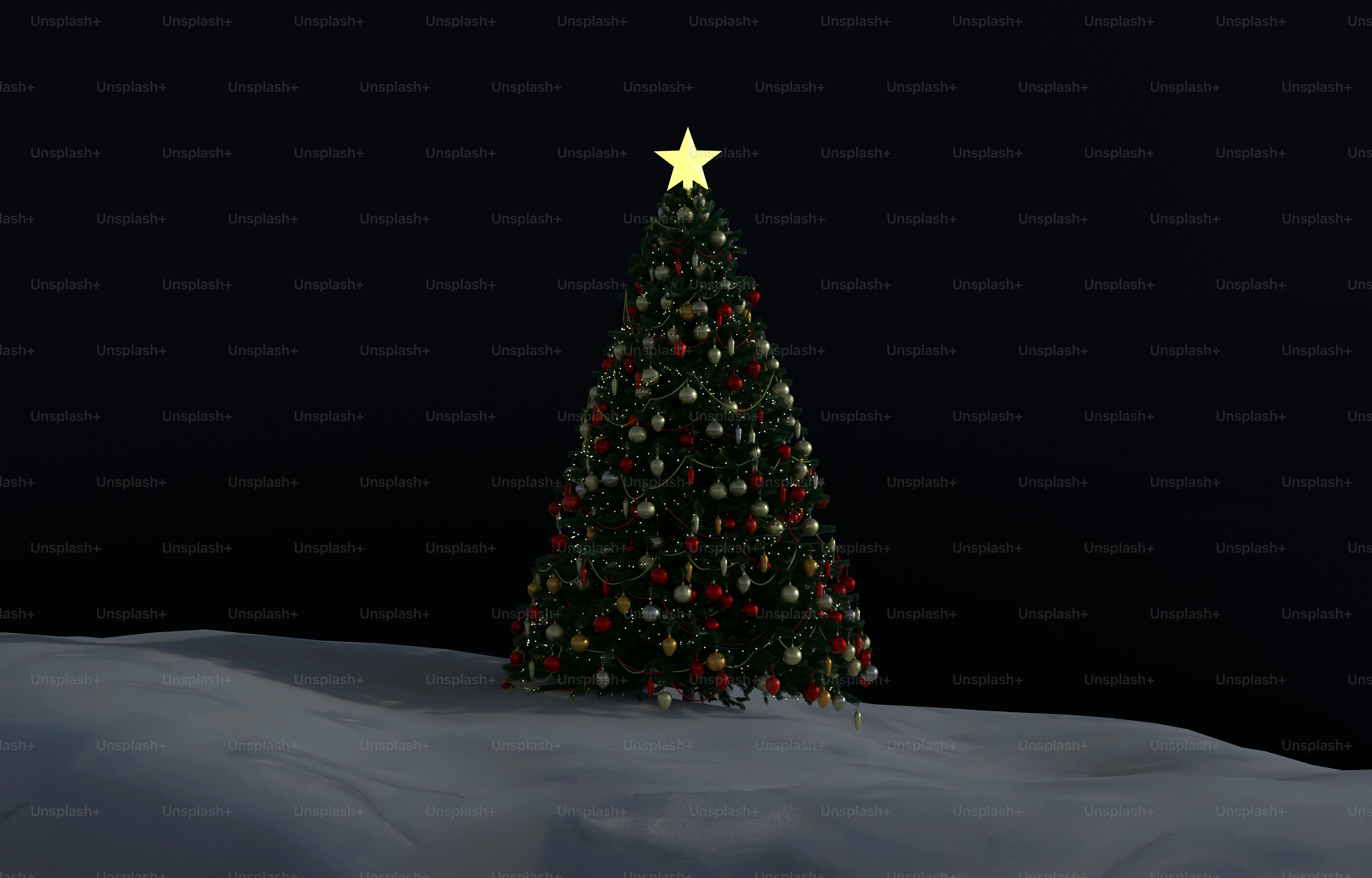 A decorated Christmas tree with a glowing star topper on a snowy surface