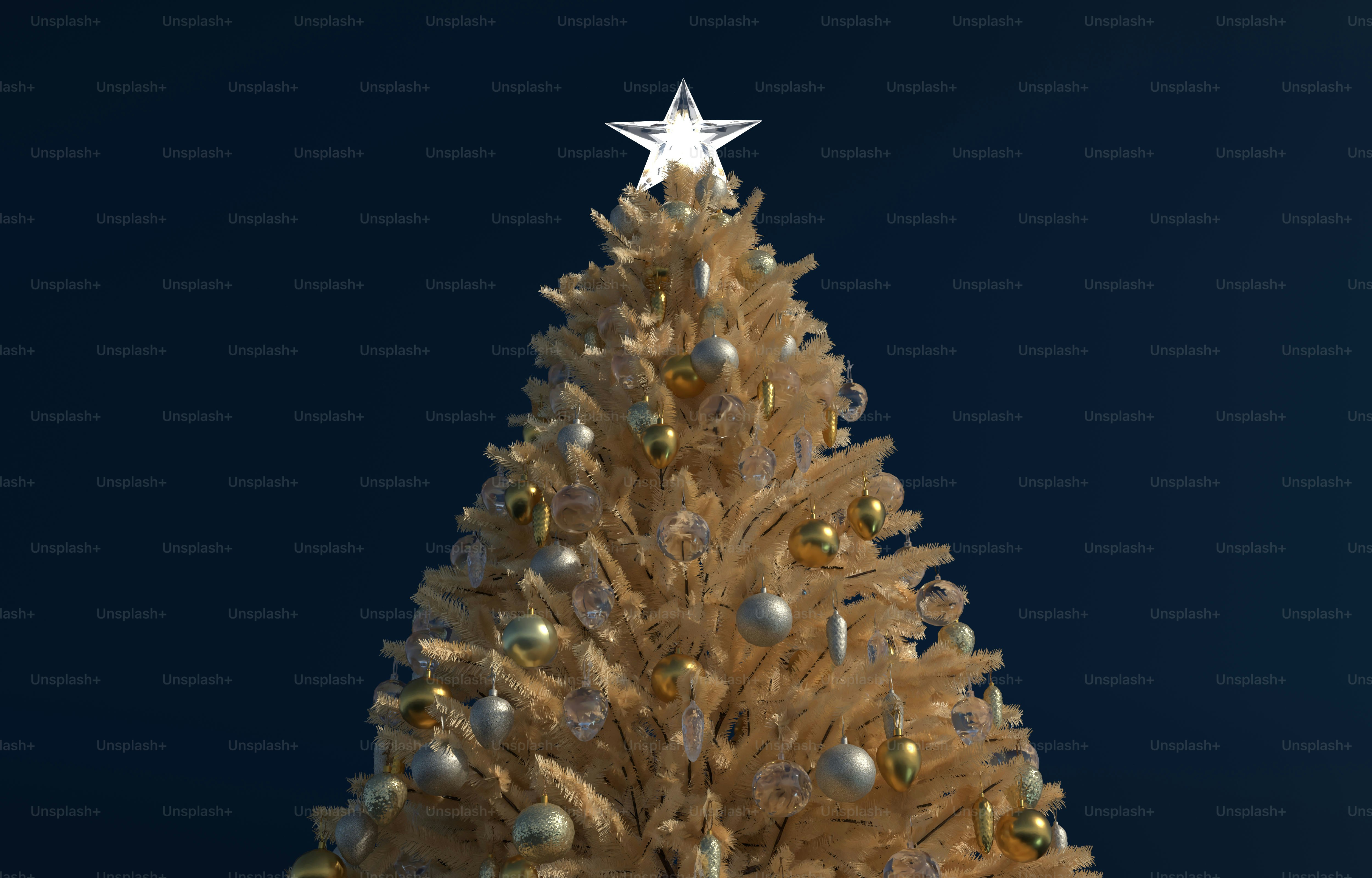 A light-colored Christmas tree with gold and silver ornaments topped by a glowing star