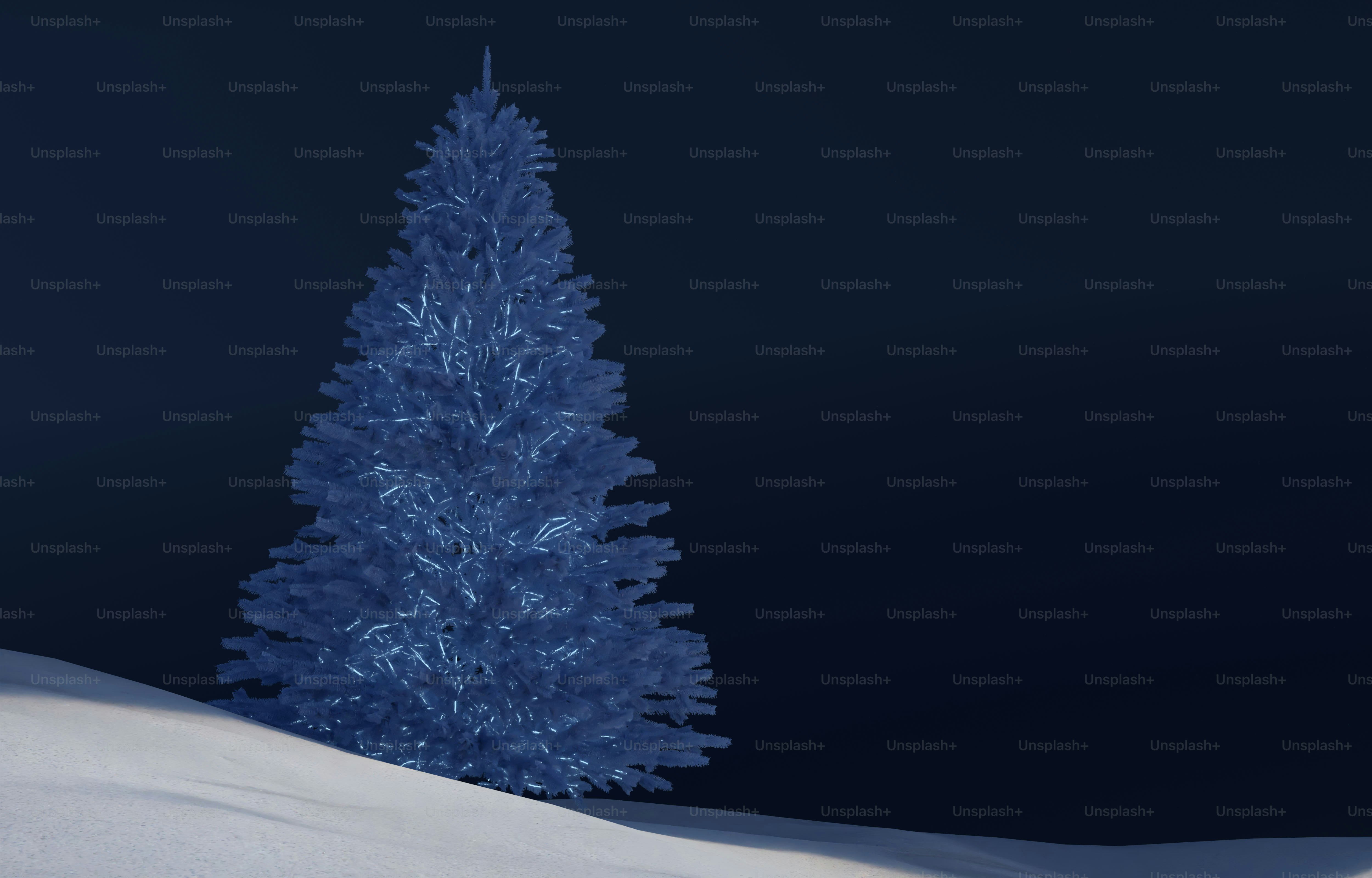 A glowing blue pine tree on a snowy hill at night
