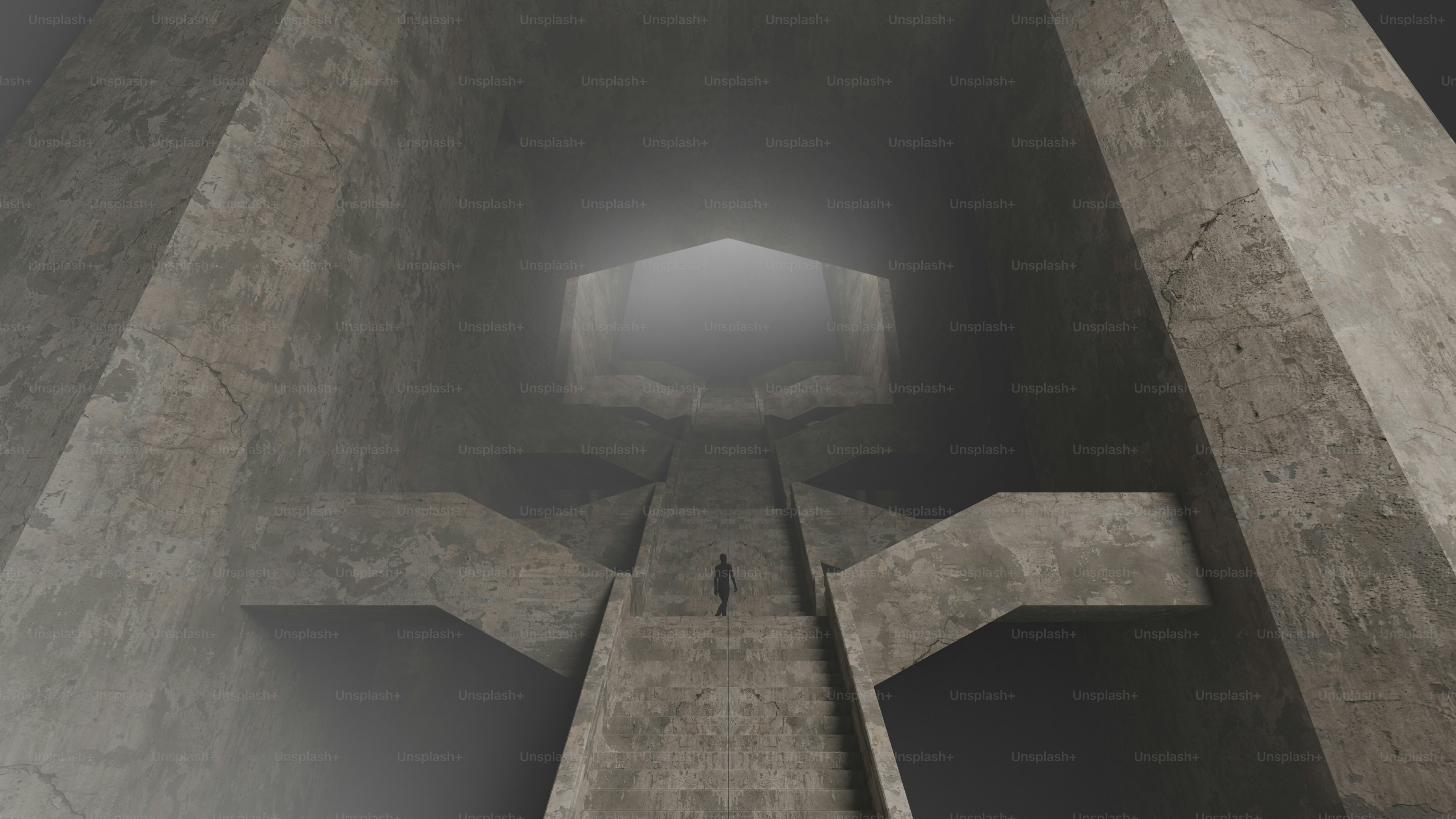 Ein 3D-Rendering einer Person, die eine massive Betontreppe in einem nebligen Flur hinaufgeht
