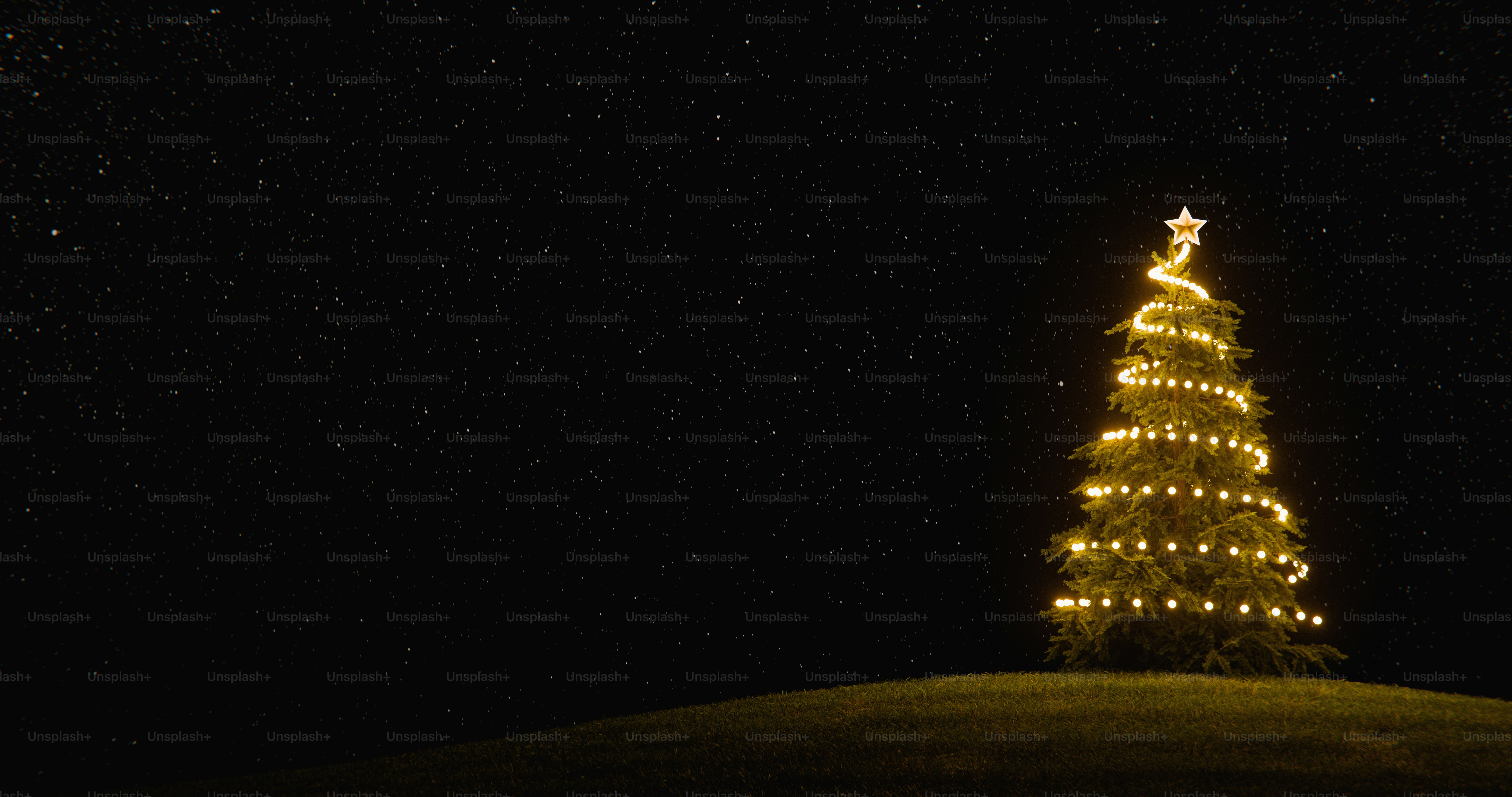 A lit Christmas tree on a grassy hill under a starry night sky