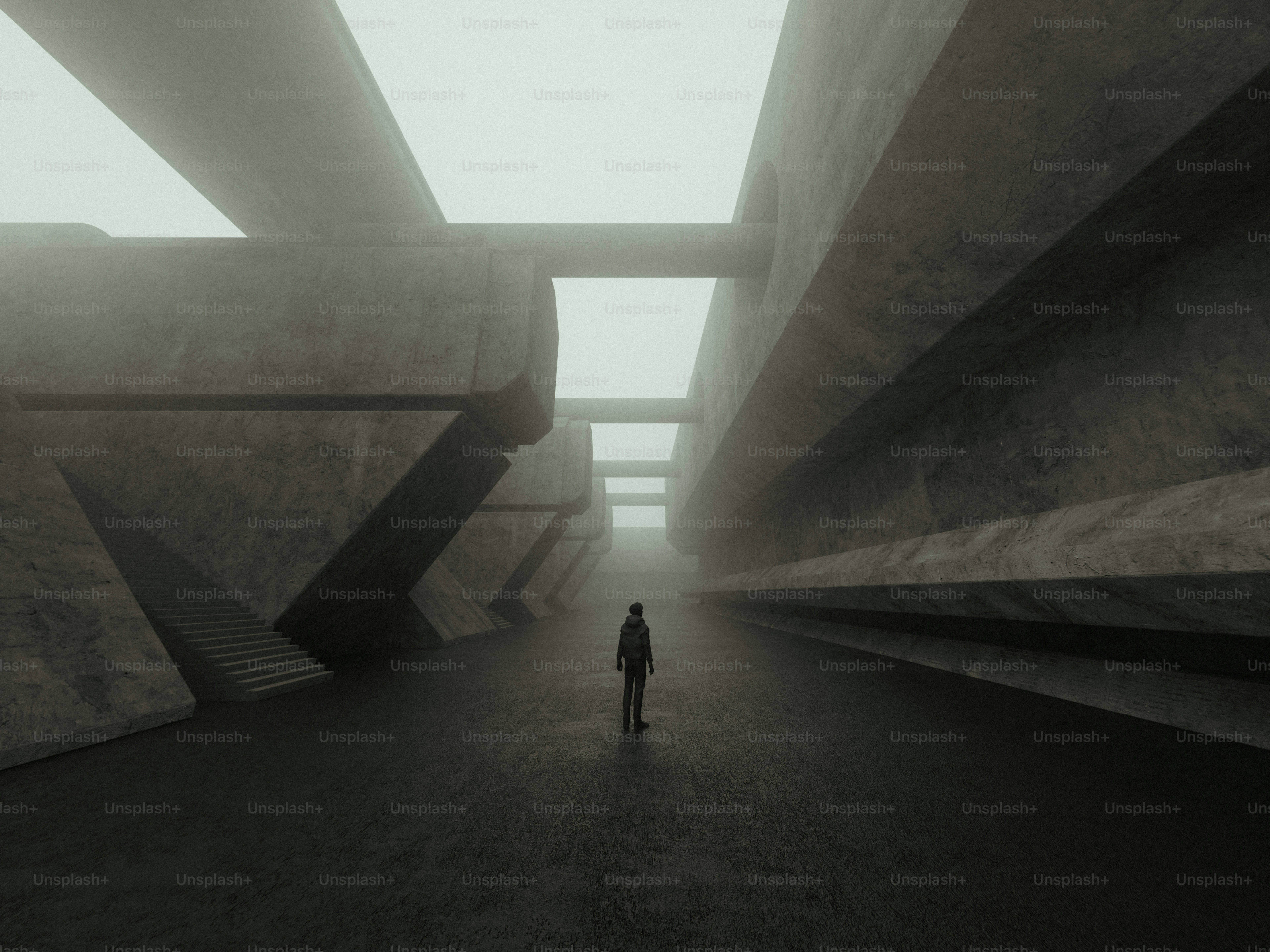 A person in a dark jacket standing in a vast concrete structure with fog