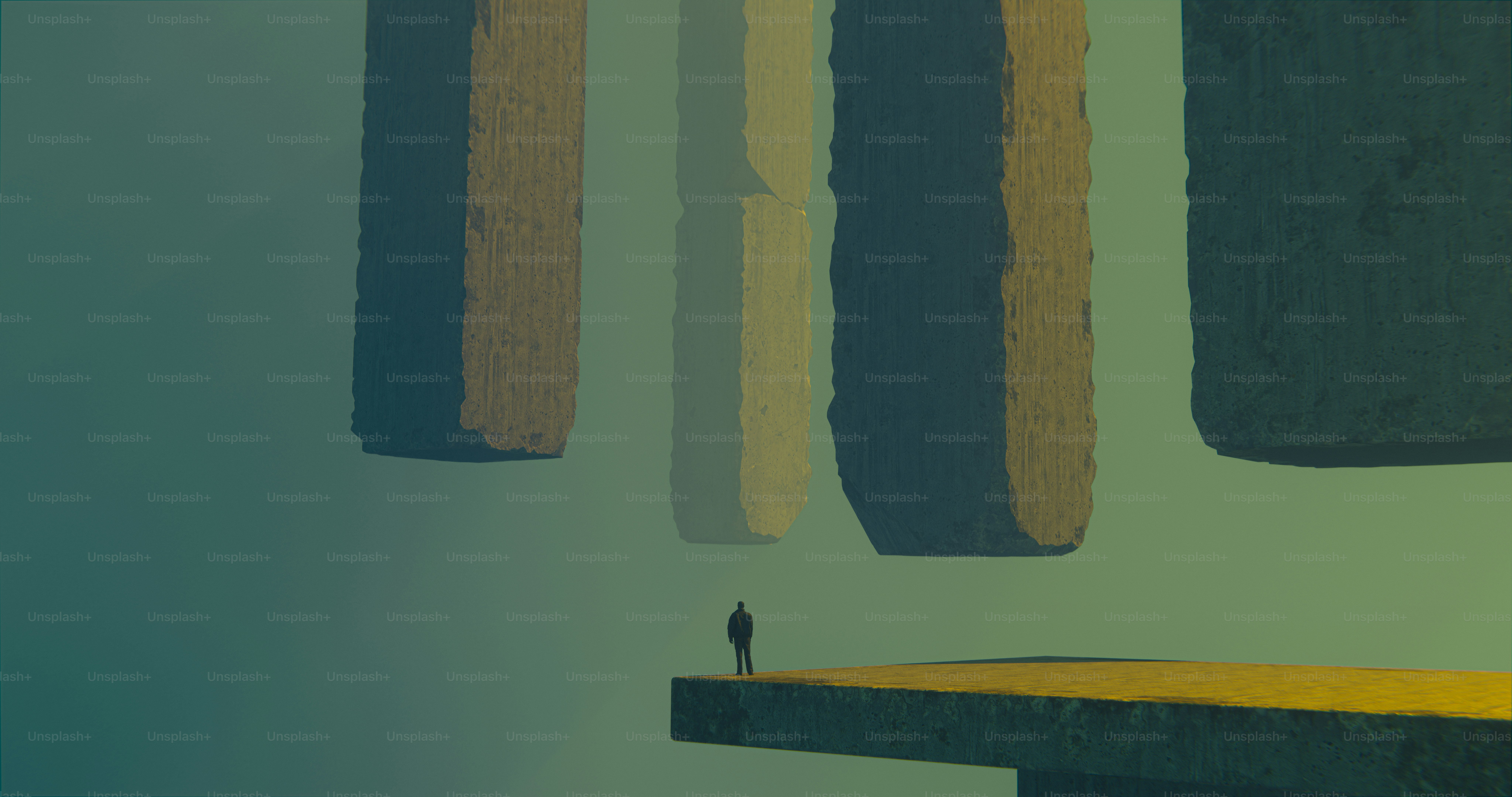 A person on a concrete platform beneath large floating stone pillars in green mist