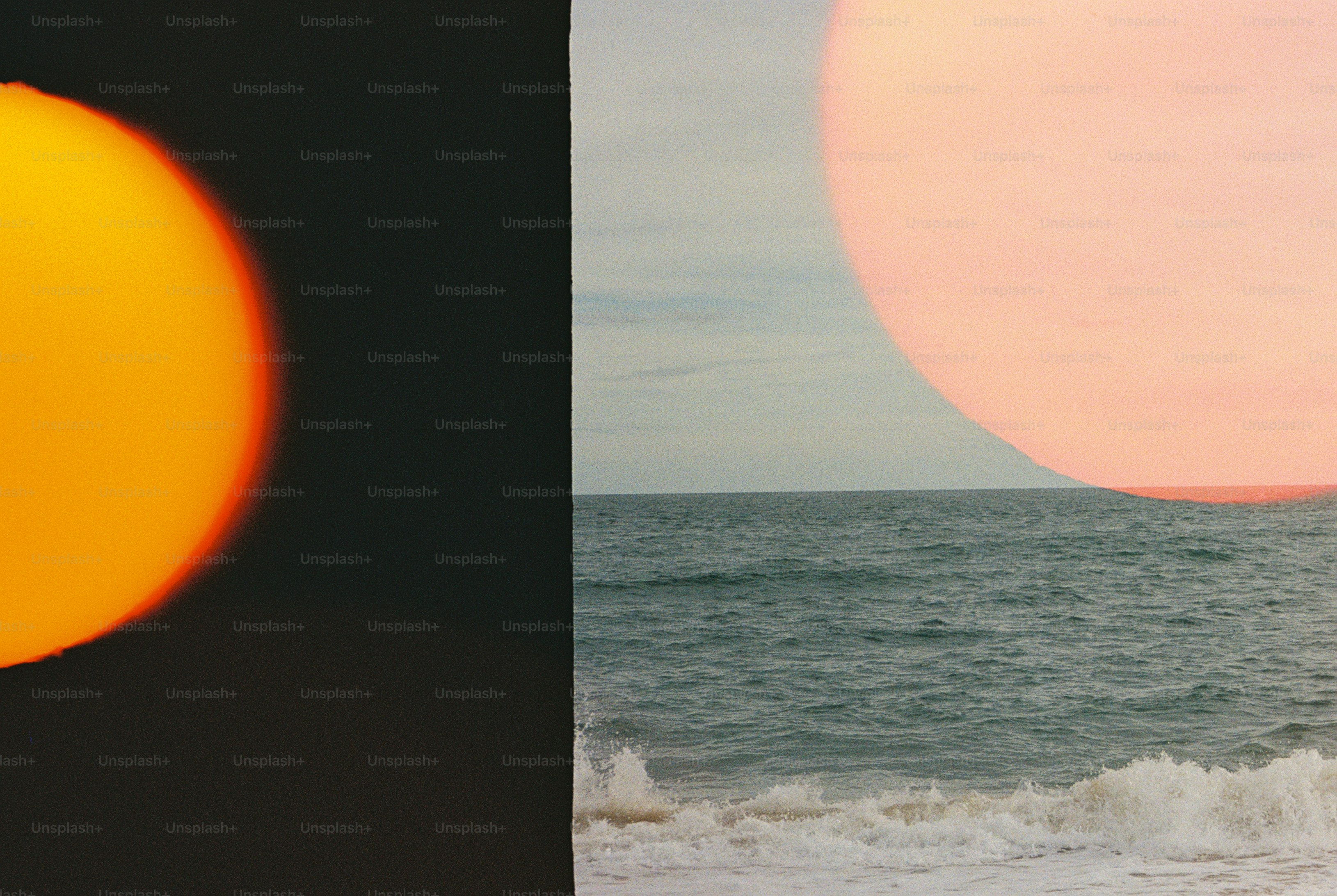 A split composition showing a bright yellow orb against black and a sea horizon
