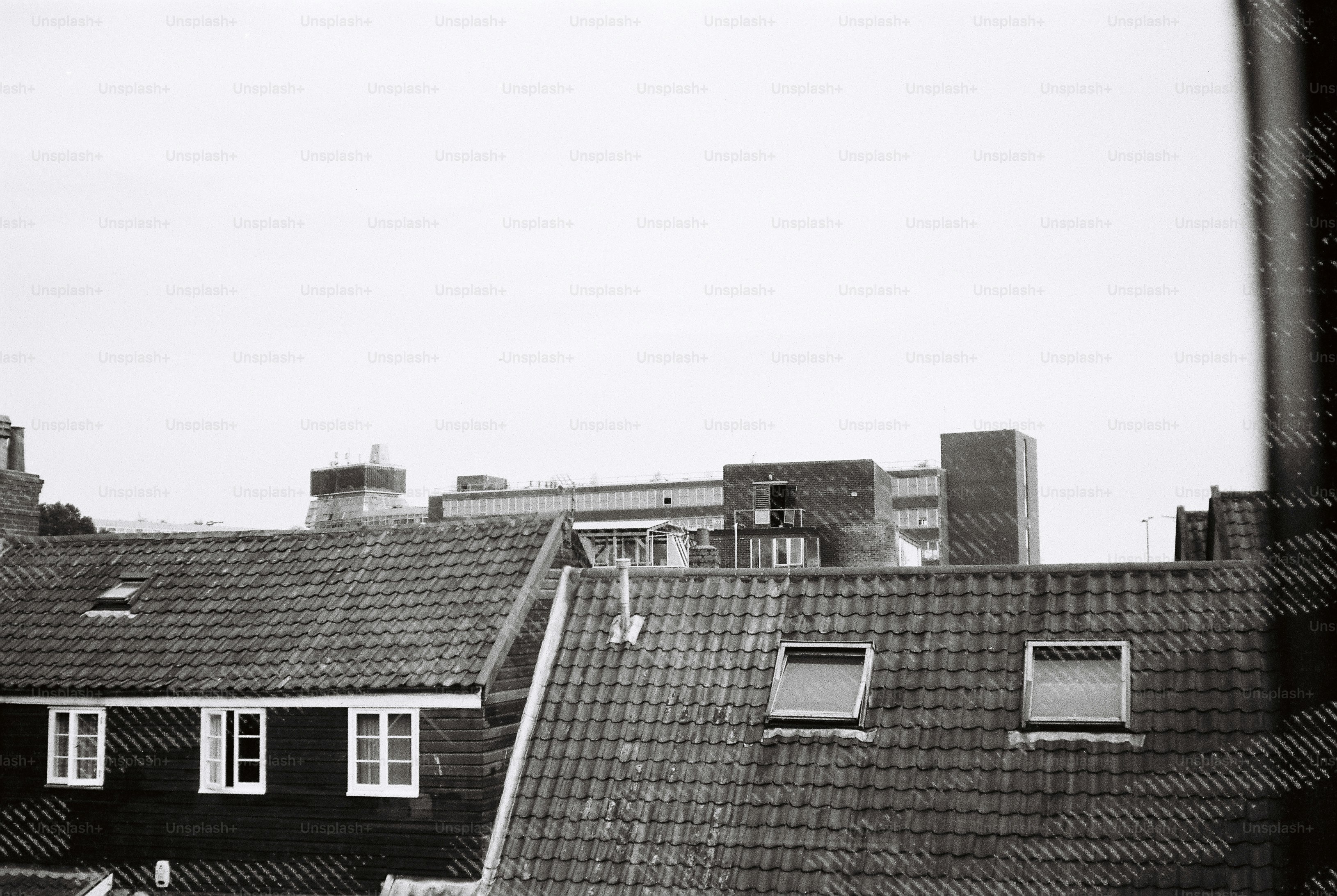 Tiled roofs of houses with skylights and a dark wooden wall in the foreground