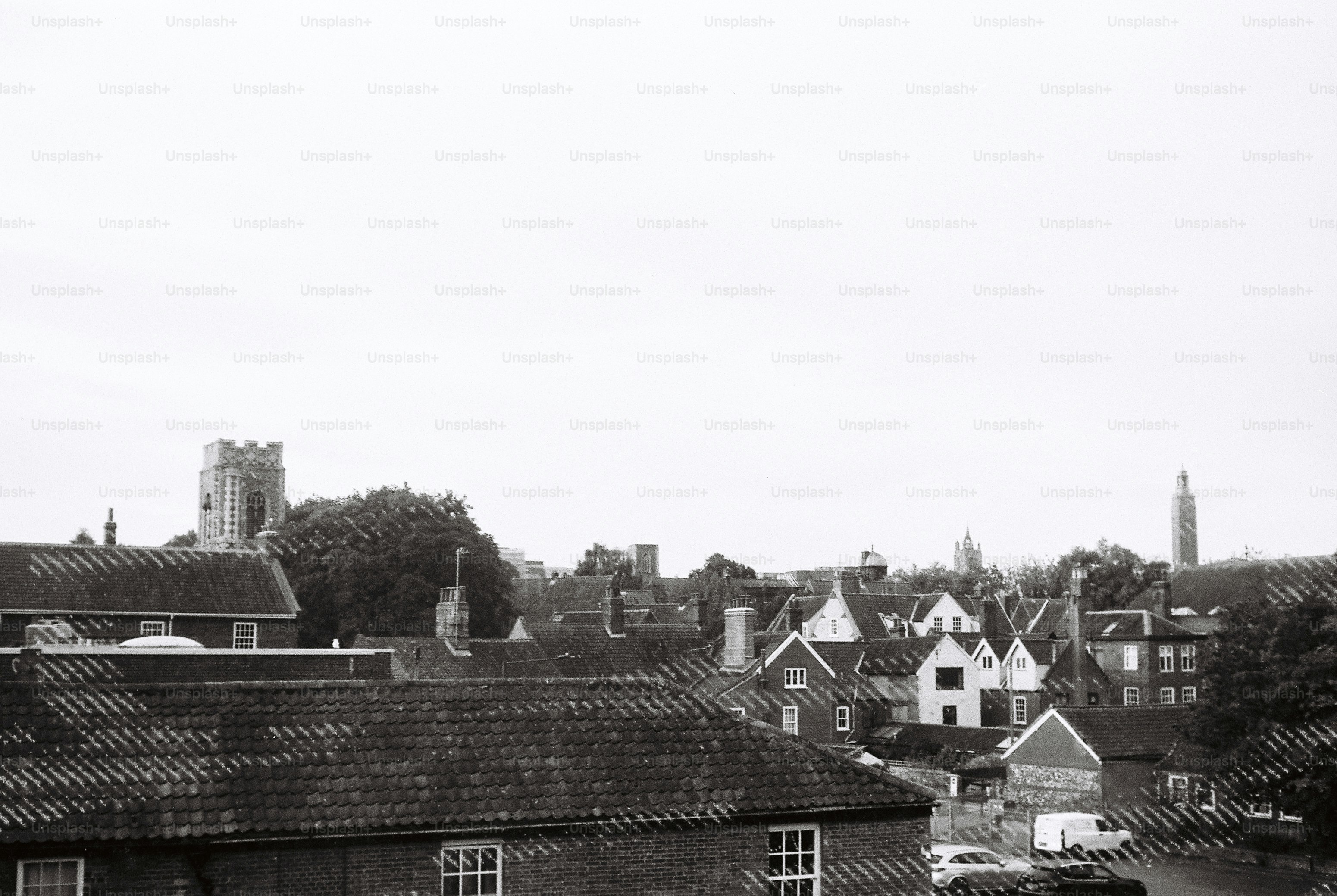 A black and white view of tiled rooftops and church towers in a town