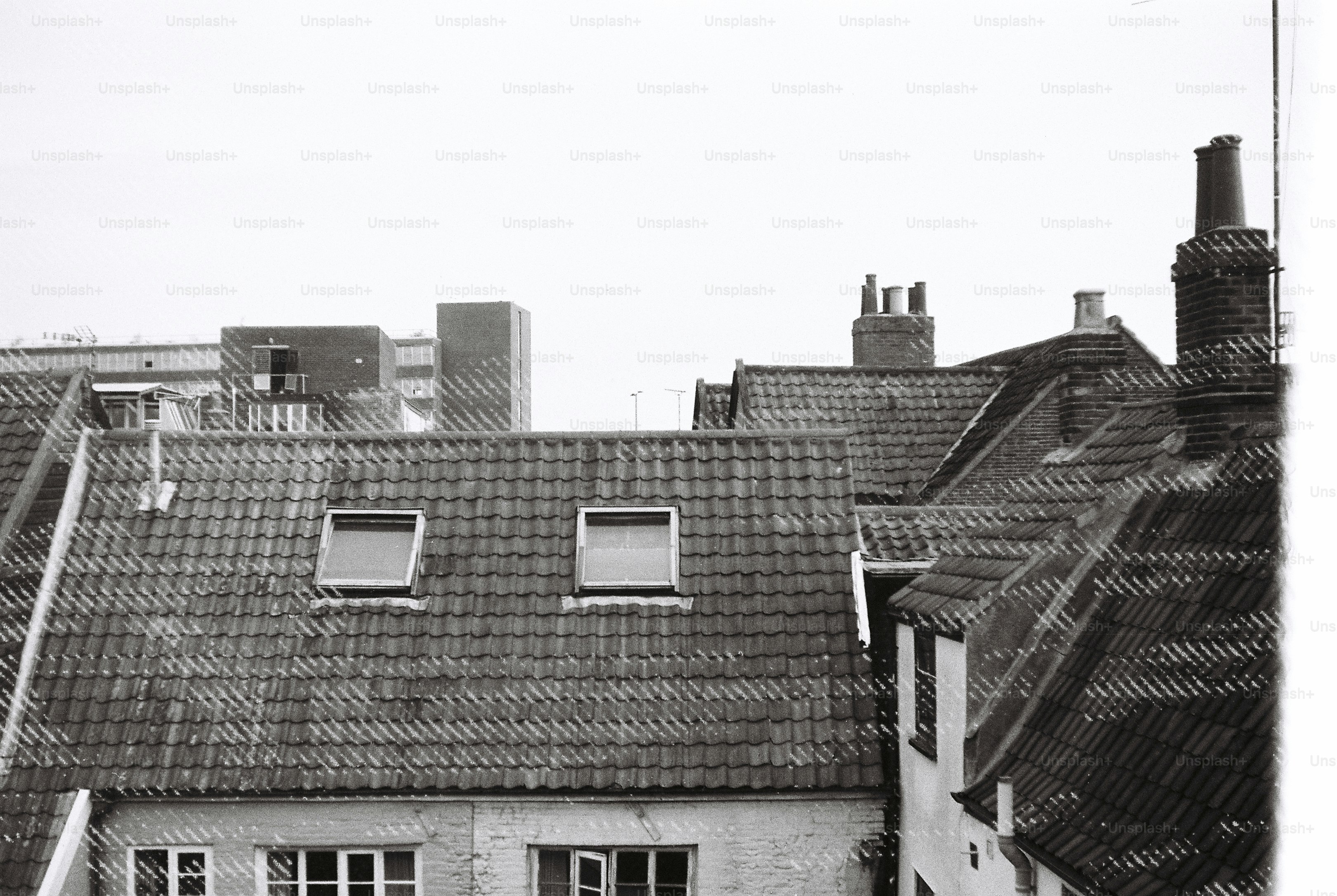 Tiled roofs with chimneys and skylights on a cluster of urban buildings