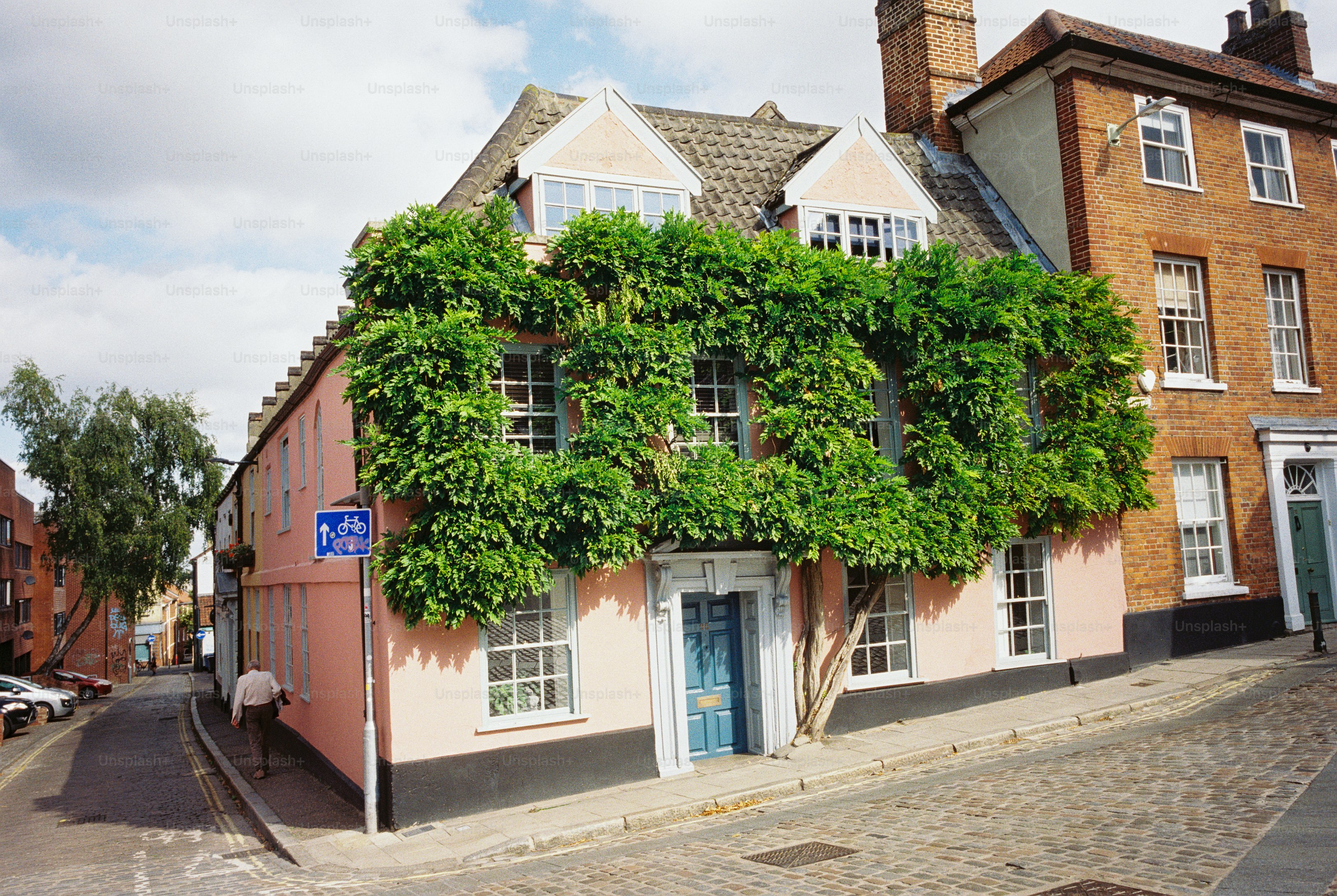 A pink house with gabled dormers and climbing greenery on a cobbled street in Norwich